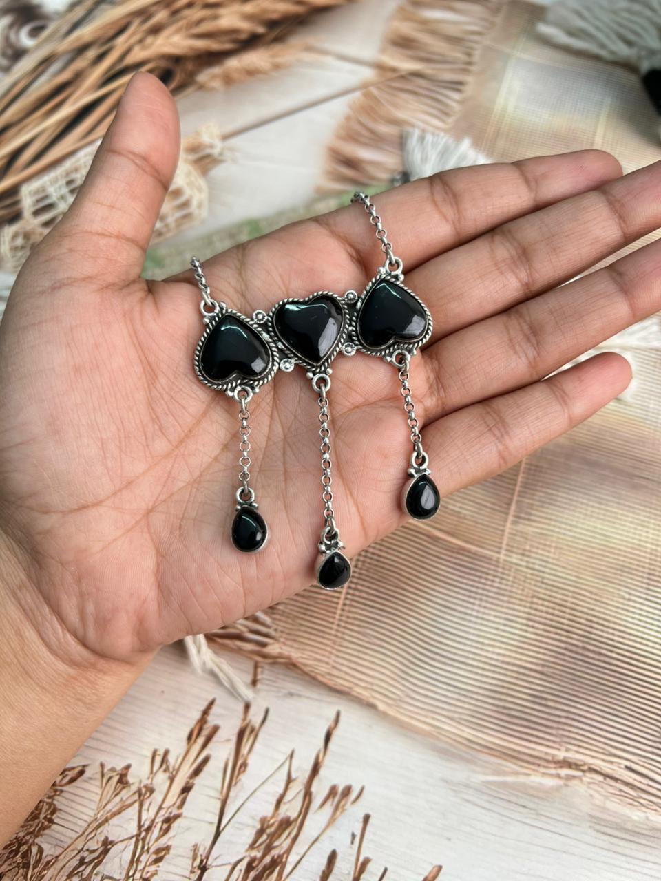 Handmade Sterling Silver Black Onyx Heart Shape Drop Necklace "Signed Nizhoni"