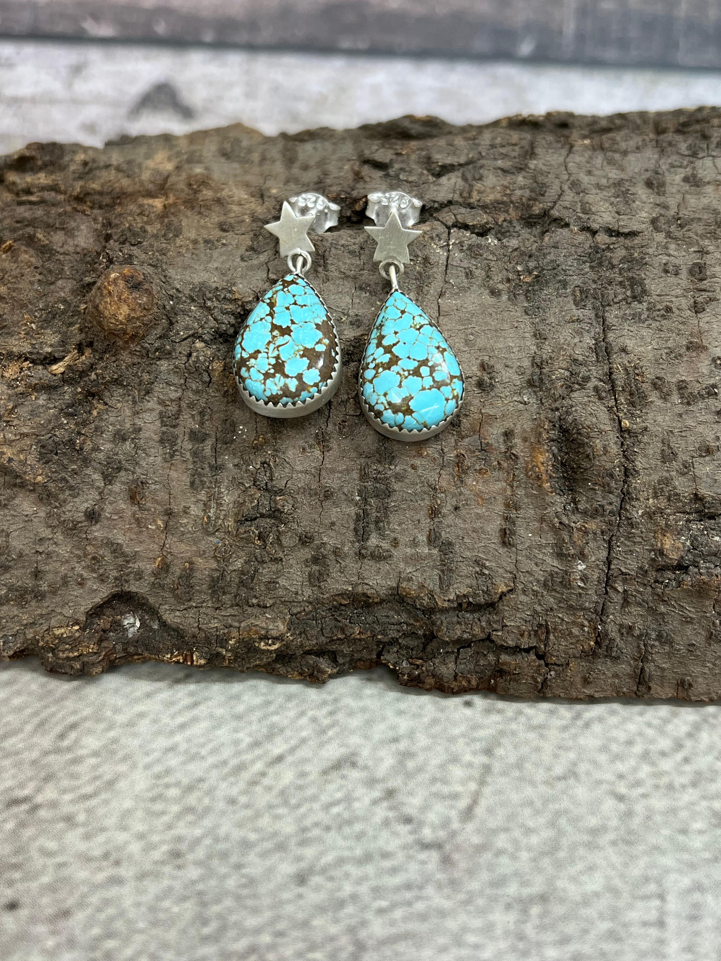Handmade Sterling Silver Number 8 Turquoise Dangle Earrings with Signed Nizhoni (8)