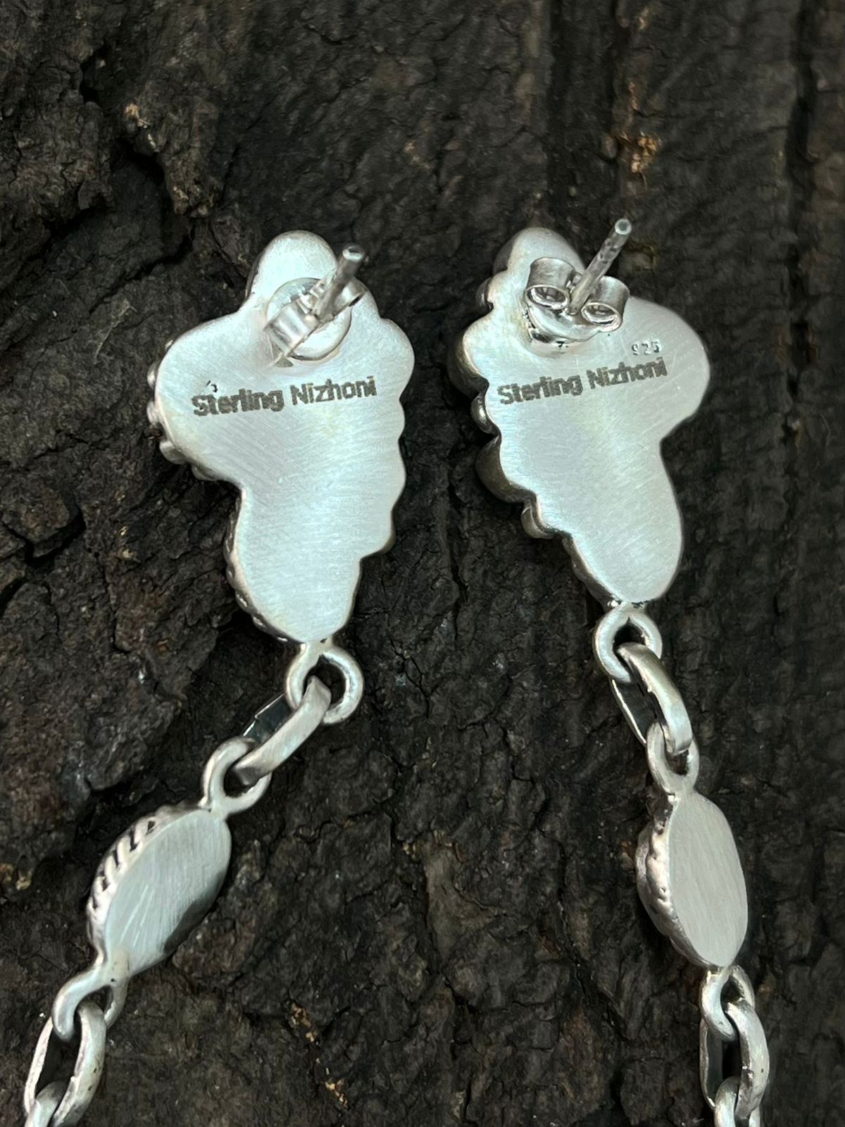 Handmade Sterling Silver Kingman Turquoise Post Dangle Earrings "Signed Nizhoni"