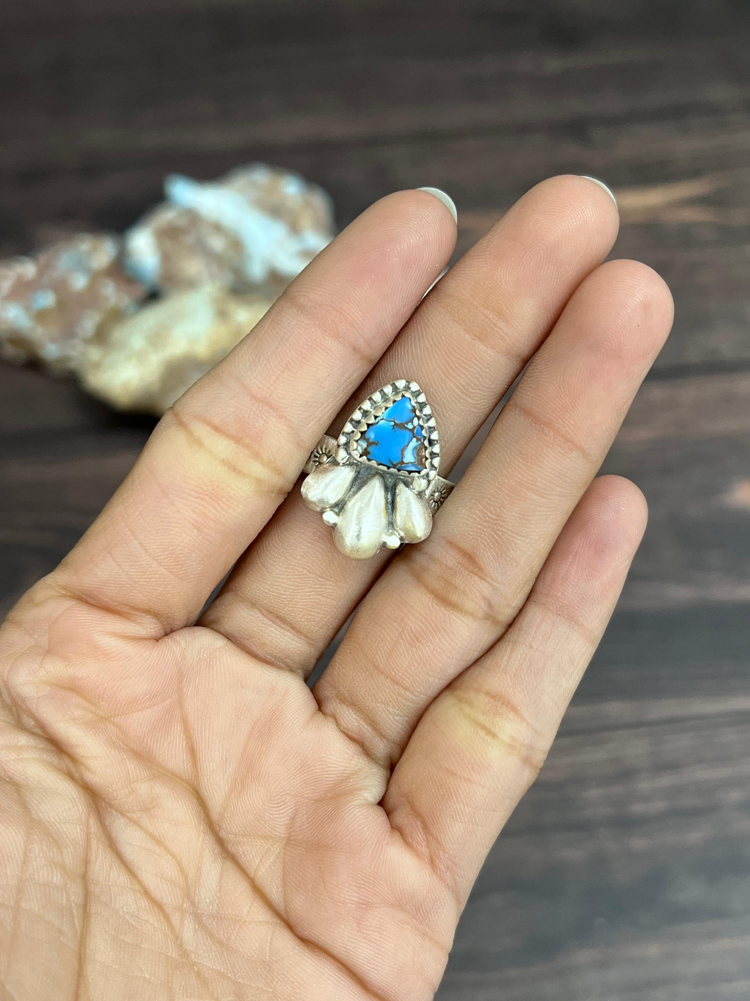 Handmade Sterling Silver with Golden Hills Turquoise Adjustable Ring With Signed Nizhoni