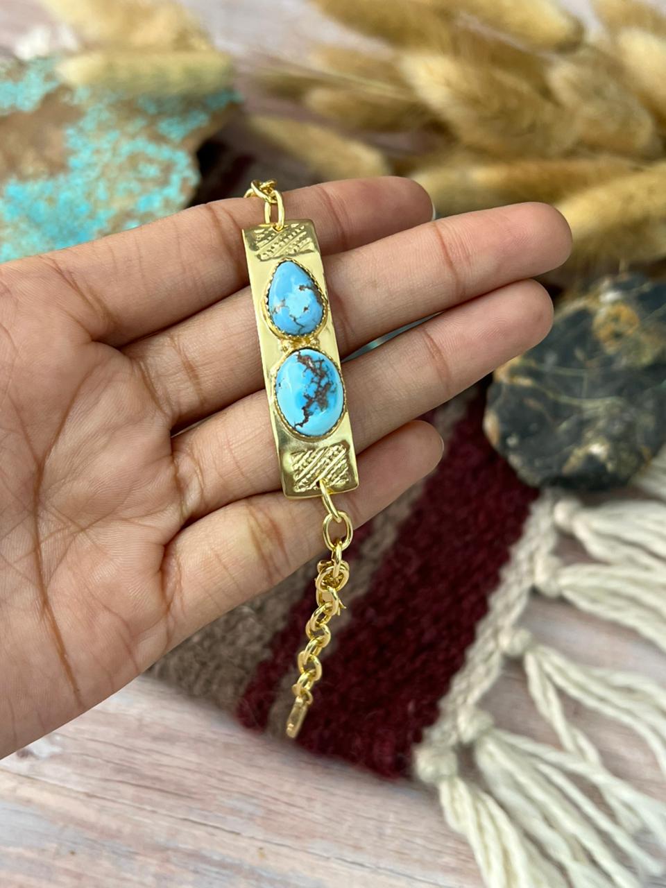 “The Golden Collection” Handmade Natural Gold-Plated Golden Hills Turquoise Bracelet