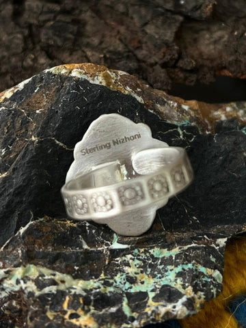 Handmade Sterling Silver Emerald Valley Turquoise Adjustable Ring "Signed Nizhoni"