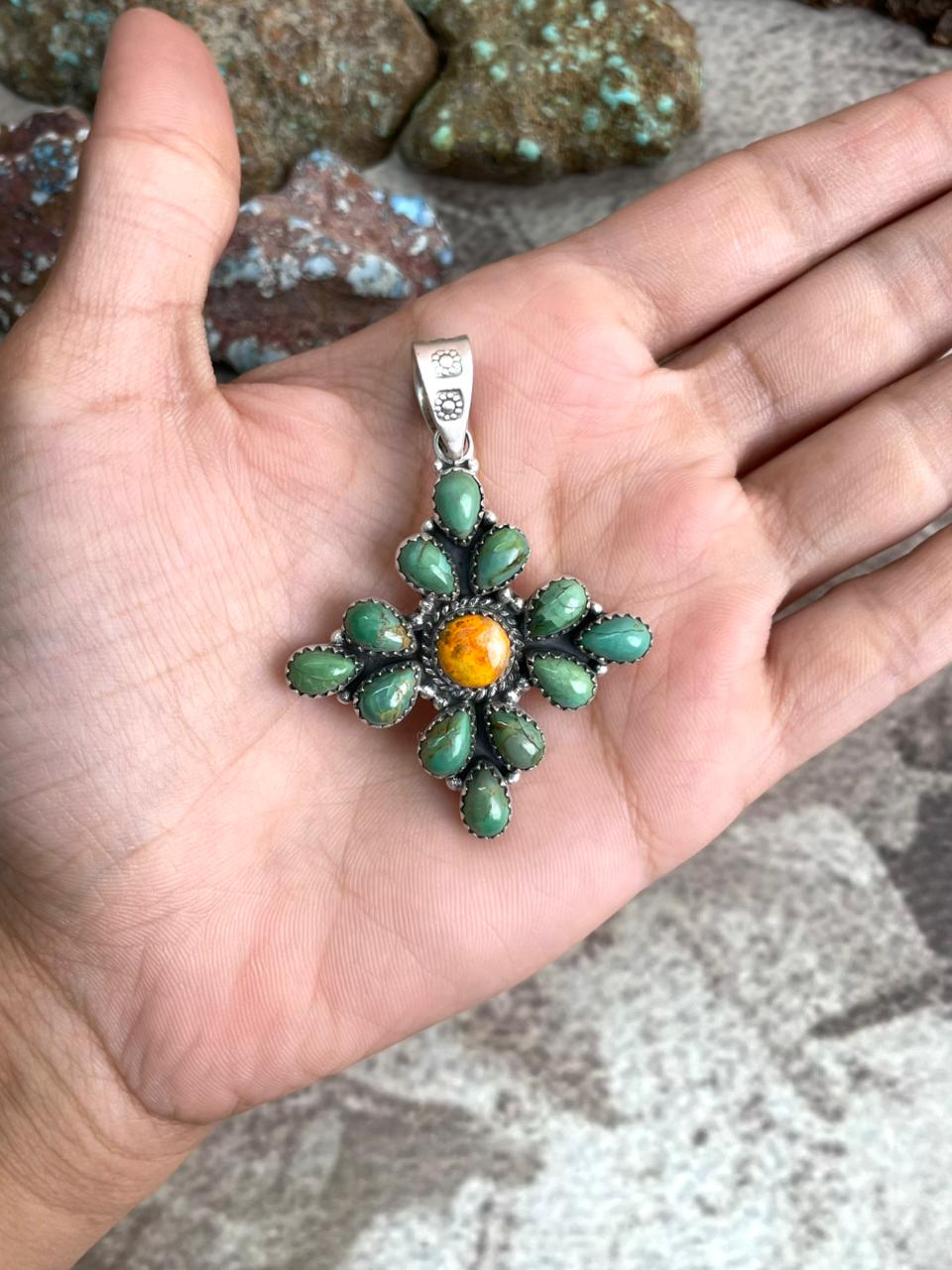 Handmade Sterling Silver Kingman Turquoise with Bumblebee Pendant with Signed Nizhoni