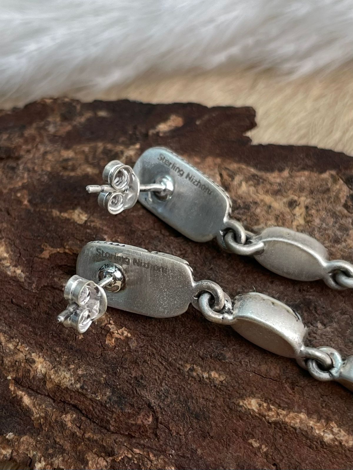 Handmade Sterling Silver White Buffalo Post Dangle Earrings "Signed Nizhoni"
