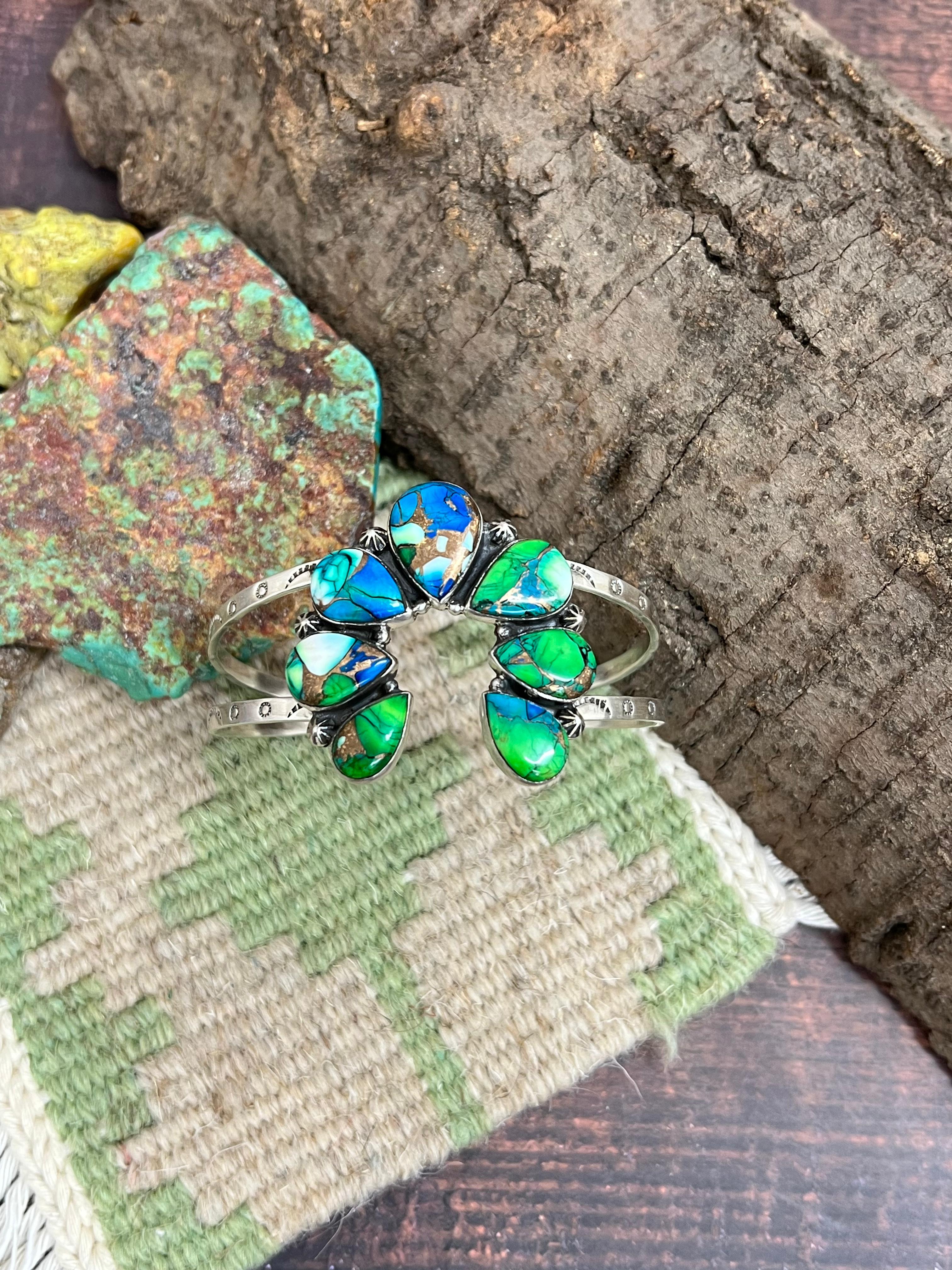 Handmade Sterling Silver Peacock Dahlia Cuff Bracelet with Signed Nizhoni