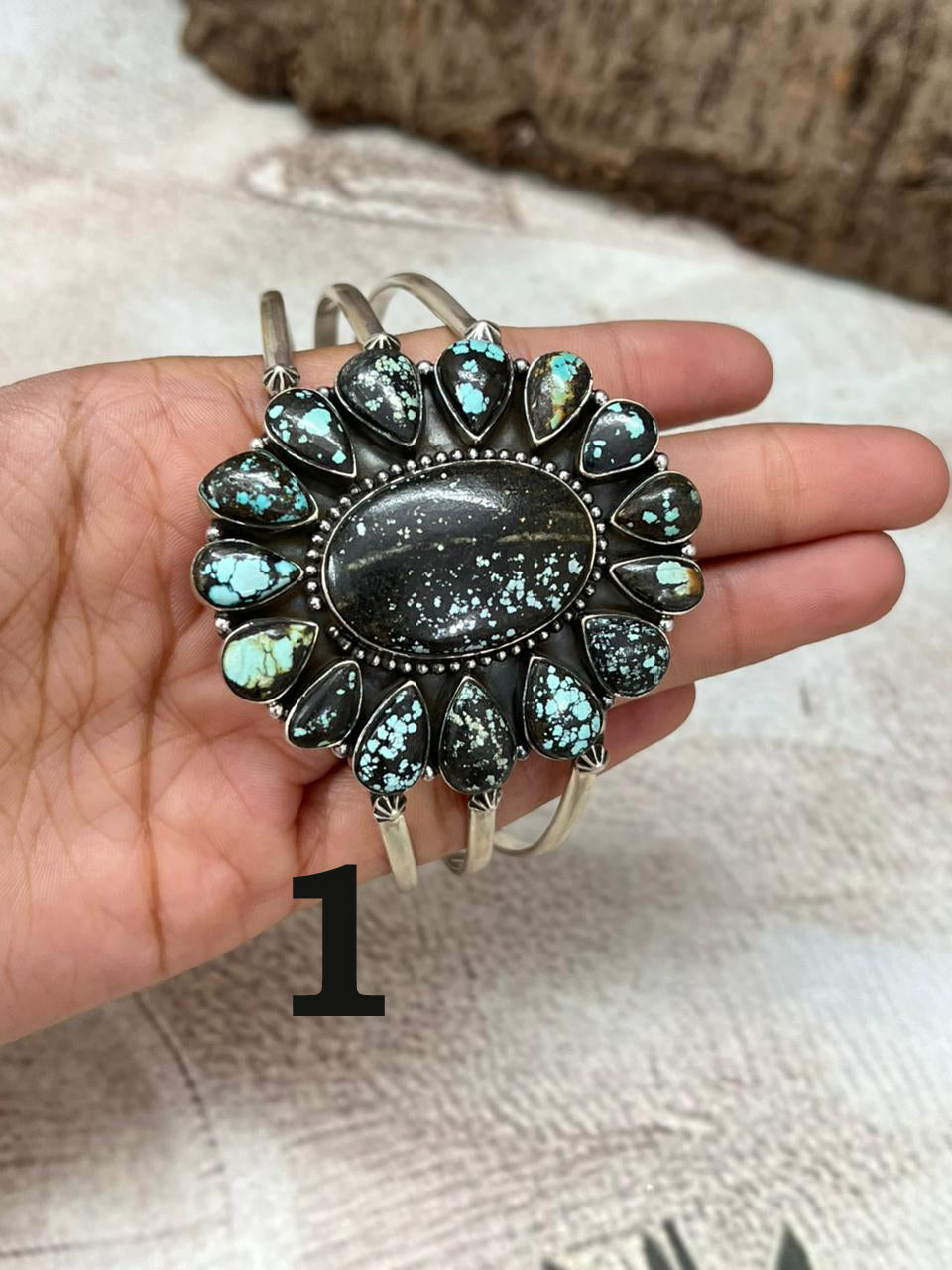 Handmade Sterling Silver Lander Turquoise Cuff Bracelet with Signed Nizhoni