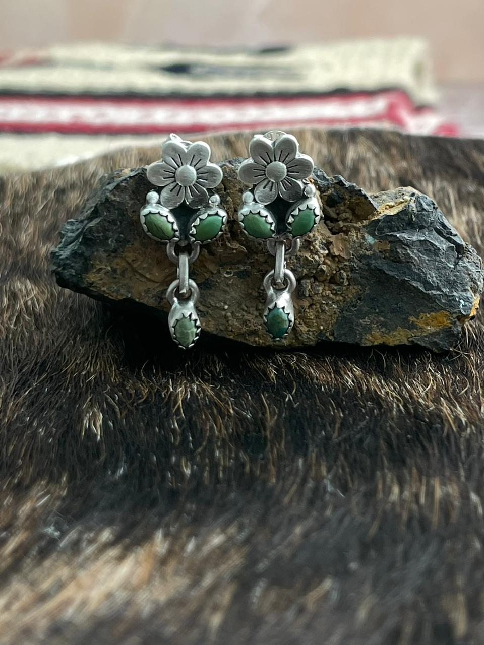 Handmade Sterling Silver Kingman Turquoise Post Dangle Earrings "Signed Nizhoni"