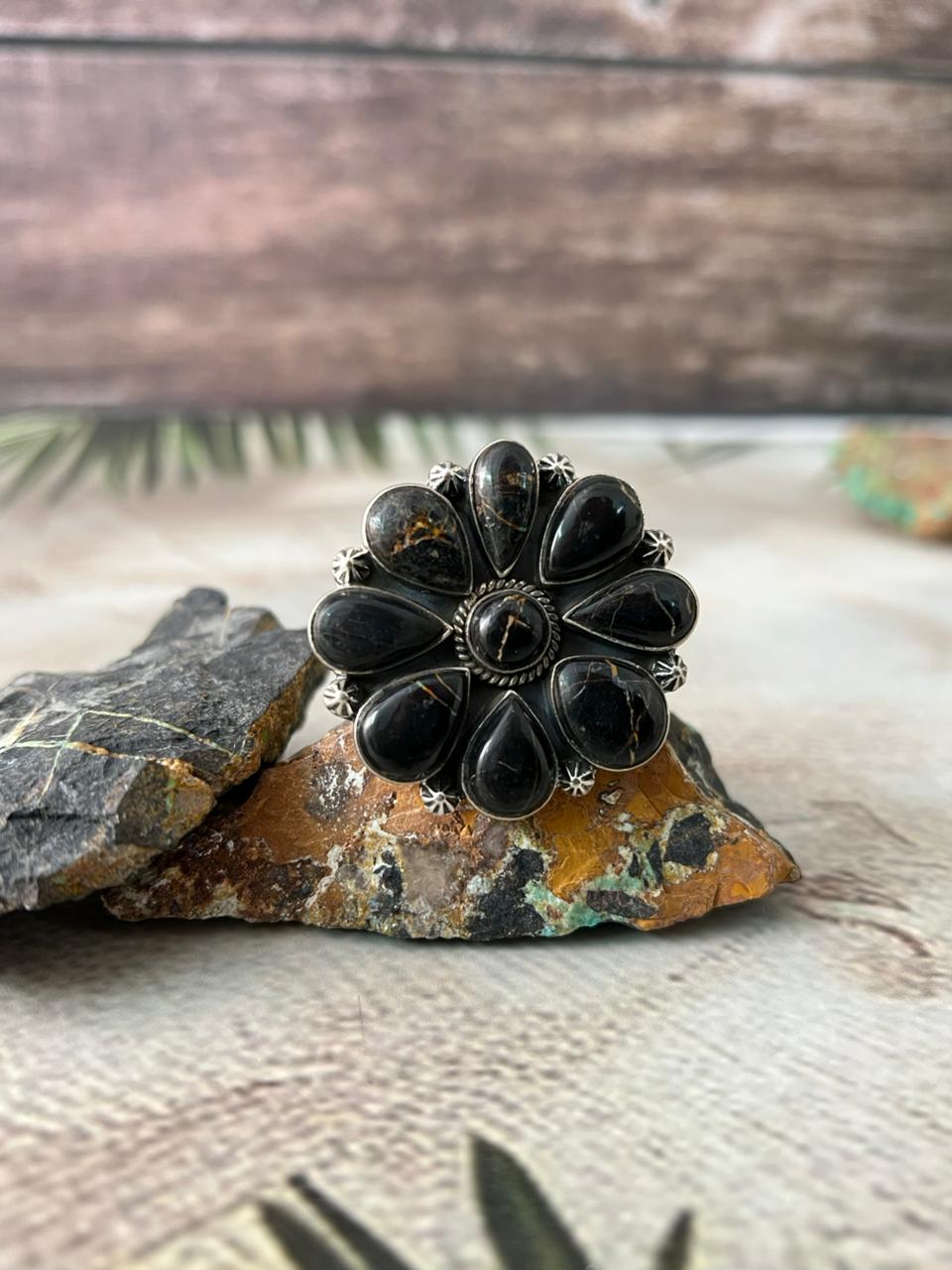 Handmade Sterling Silver Blackjack Turquoise Adjustable Ring " Signed Nizhoni"