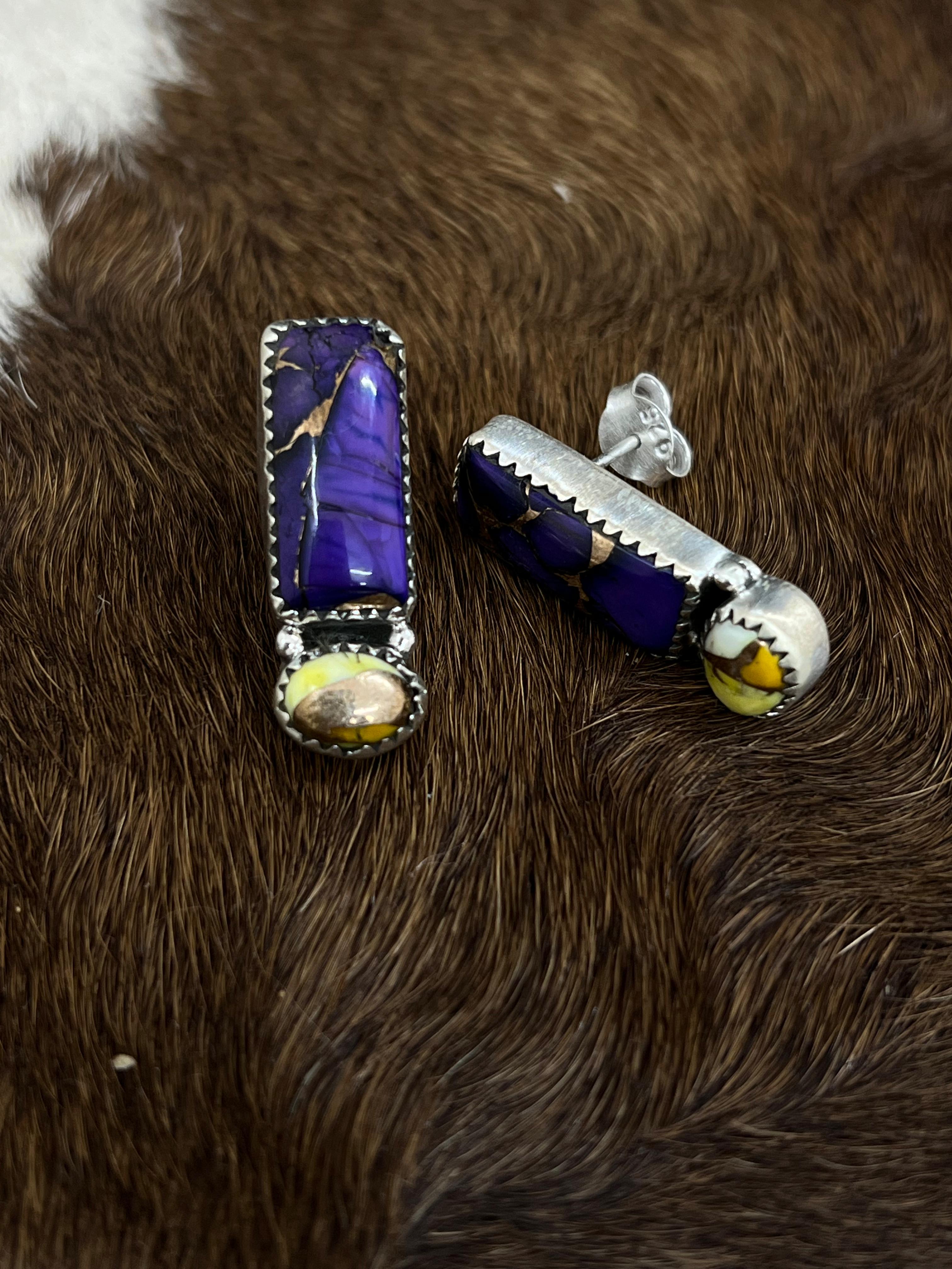 Handmade Sterling Silver Grape Dahlia With Honey Dahlia Post Studs with Signed Nizhoni