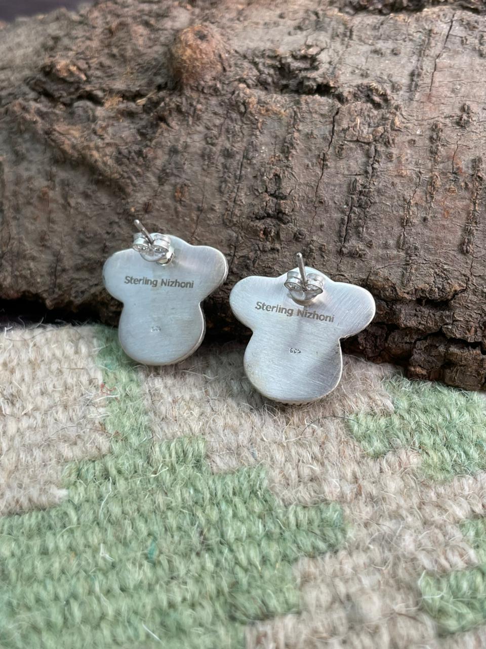 Handmade Sterling Silver Arizona Blue Turquoise with Hot Pink Post Studs Earrings "Signed Nizhoni"