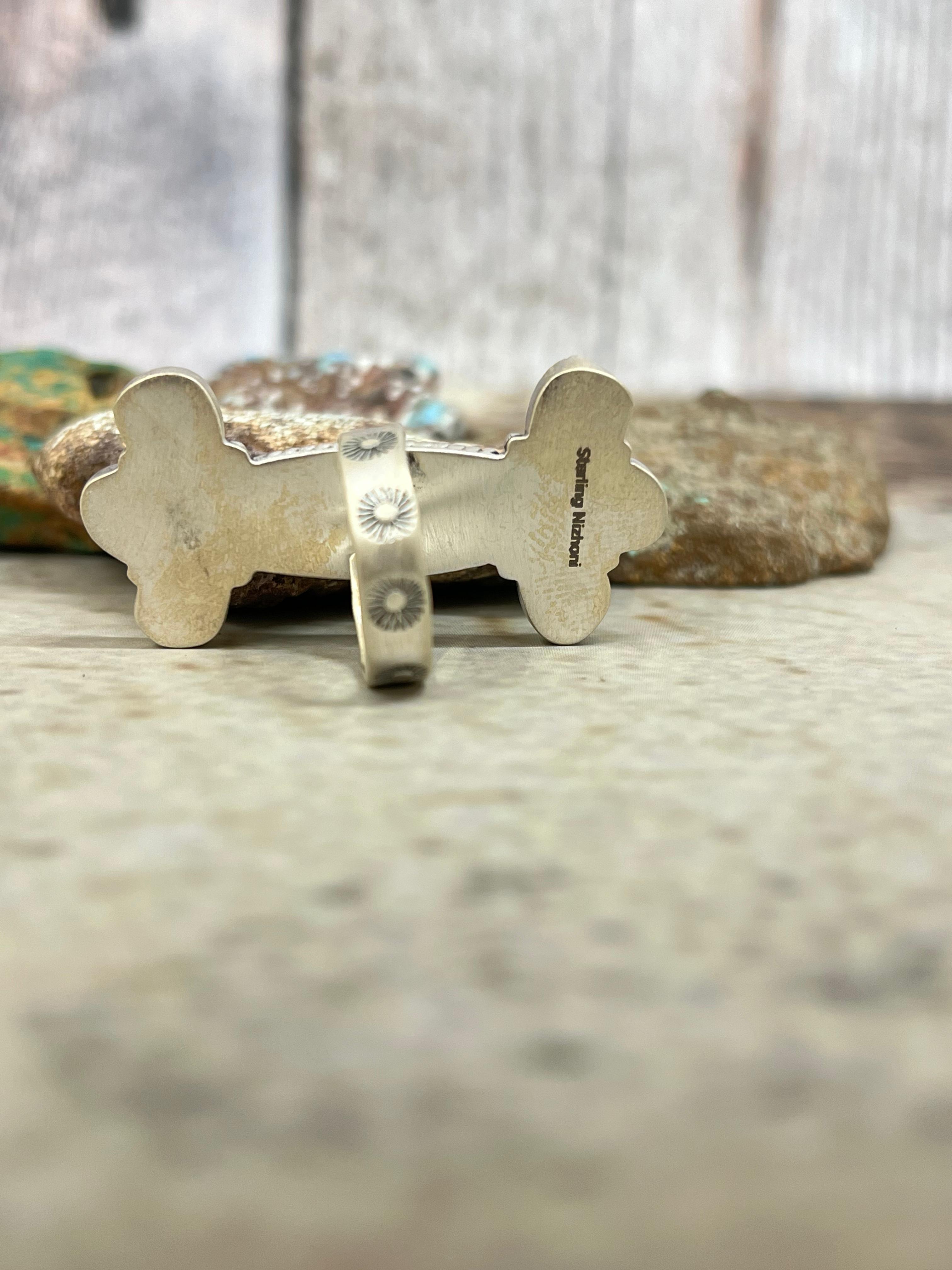 Handmade Sterling Silver White Buffalo with Kingman Turquoise Adjustable Ring with Signed Nizhoni