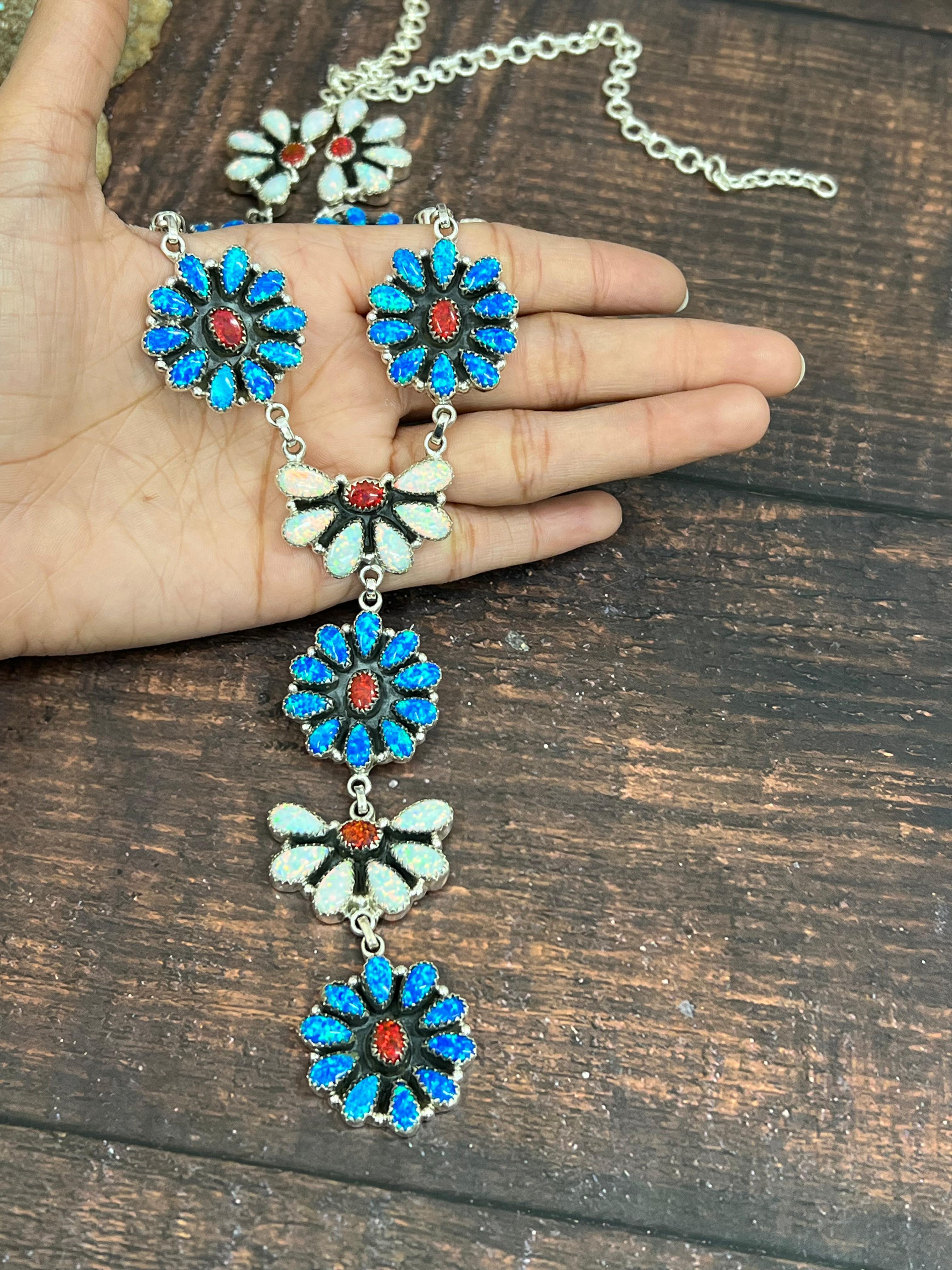 ** 4TH OF JULY ** Handmade Sterling Silver Synthetic Opal Necklace with Signed Nizhoni