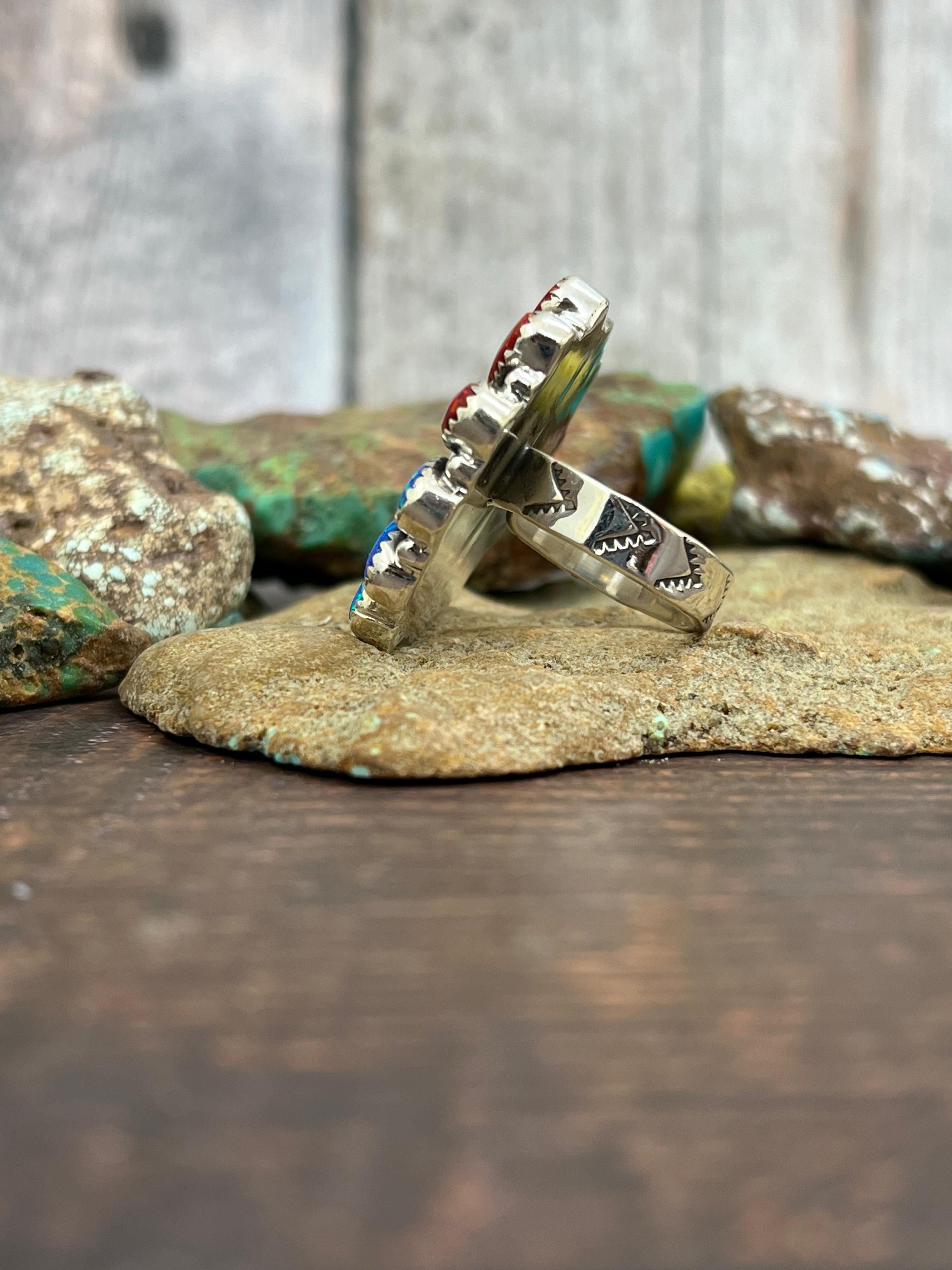 ** 4TH OF JULY ** Handmade Sterling Silver Synthetic Opal Adjustable Ring with Signed Nizhoni