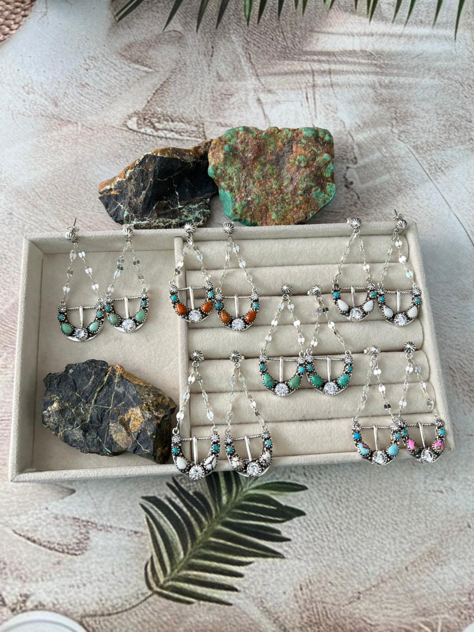 Handmade Sterling Silver Multi Stone Post Dangle Earrings "Signed Nizhoni"