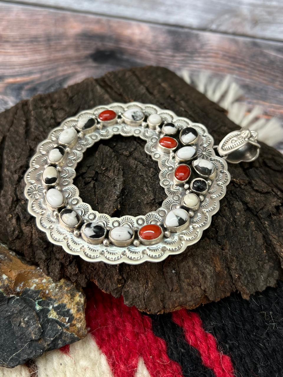 "Christmas Collection" Handmade Sterling Silver White Buffalo with Coral Pendant "Signed Nizhoni"