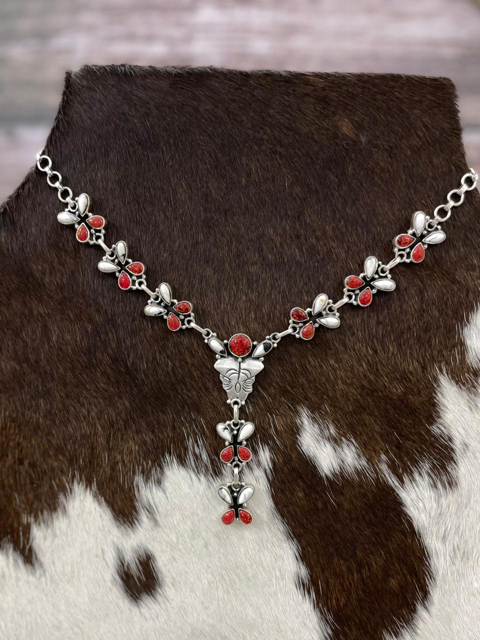 Handmade Sterling Silver White Buffalo with Red Opal Necklace "Signed Nizhoni"