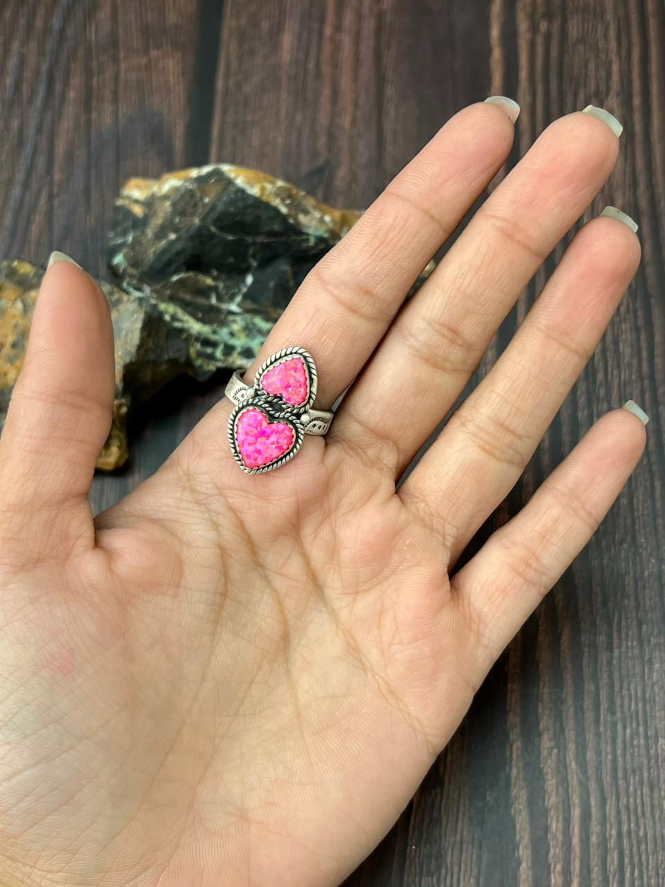 Handmade Sterling Silver Hot Pink Heart Shape Adjustable Ring "Singed Nizhoni"