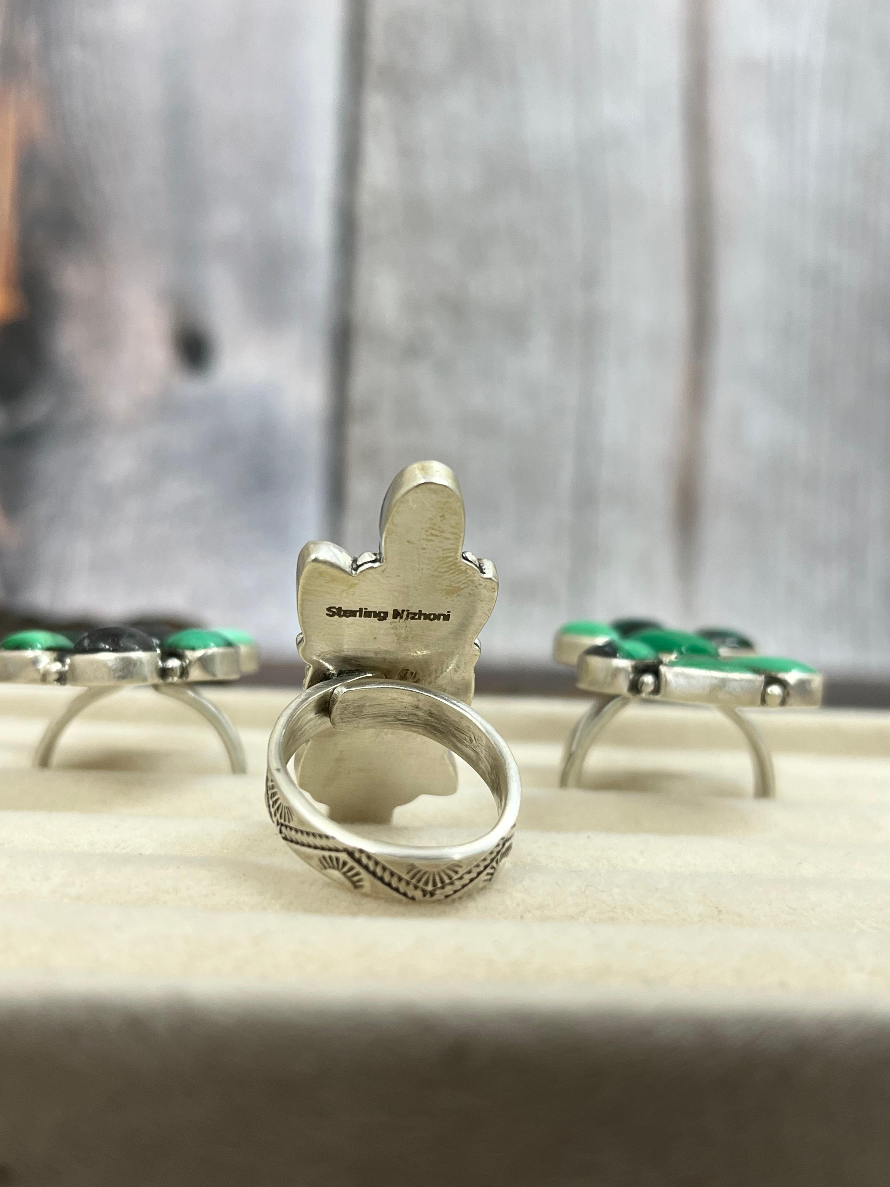 Handmade Sterling Silver Emerald Rose Variscite Adjustable Ring Signed Nizhoni