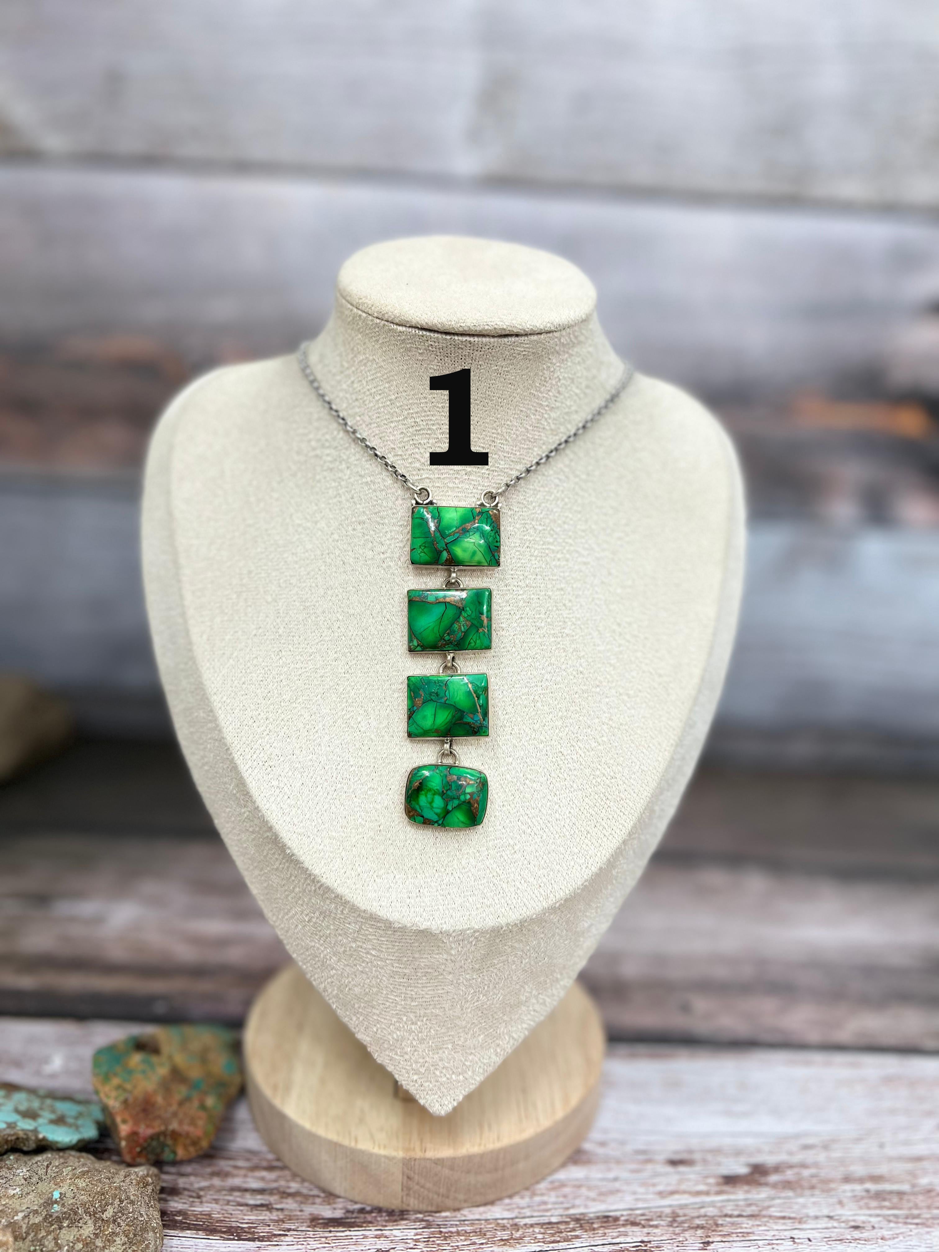 Handmade Sterling Silver Kelly Green Dahlia Necklace with Signed Nizhoni