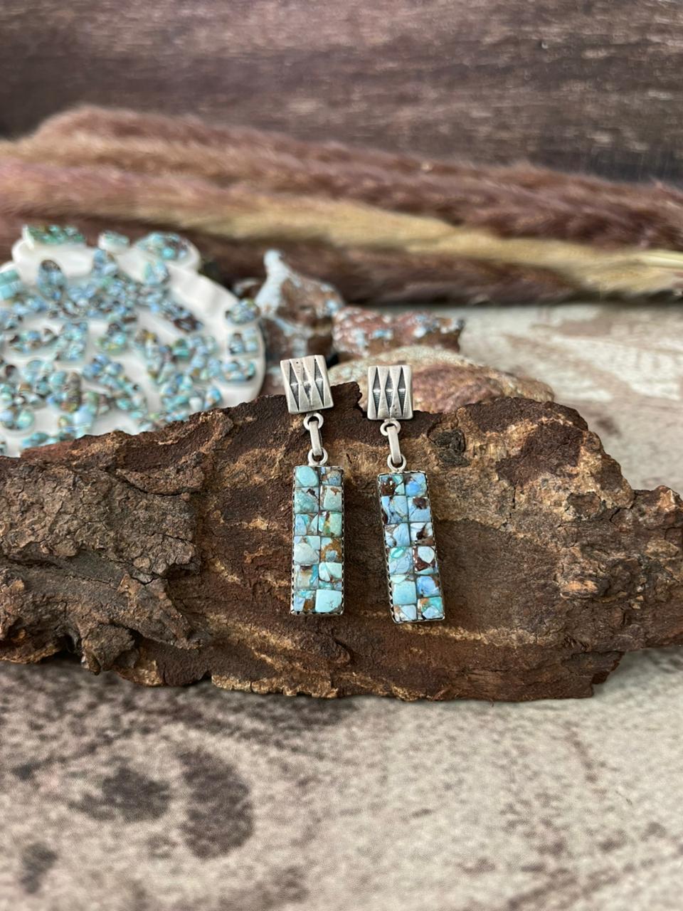 Handmade Sterling Silver Golden Hills Cobble Collection Post Dangle Earrings "Signed Nizhoni"