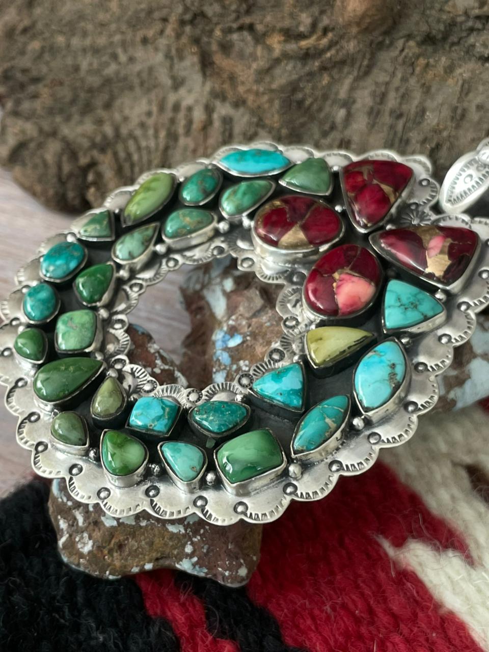 Handmade Sterling Silver Dahlia Rose with Emerald Valley Turquoise Pendant "Signed Nizhoni"