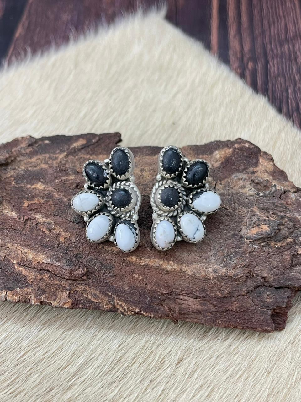 Handmade Sterling Silver White Buffalo Post Studs Earrings "Signed Nizhoni" (7)