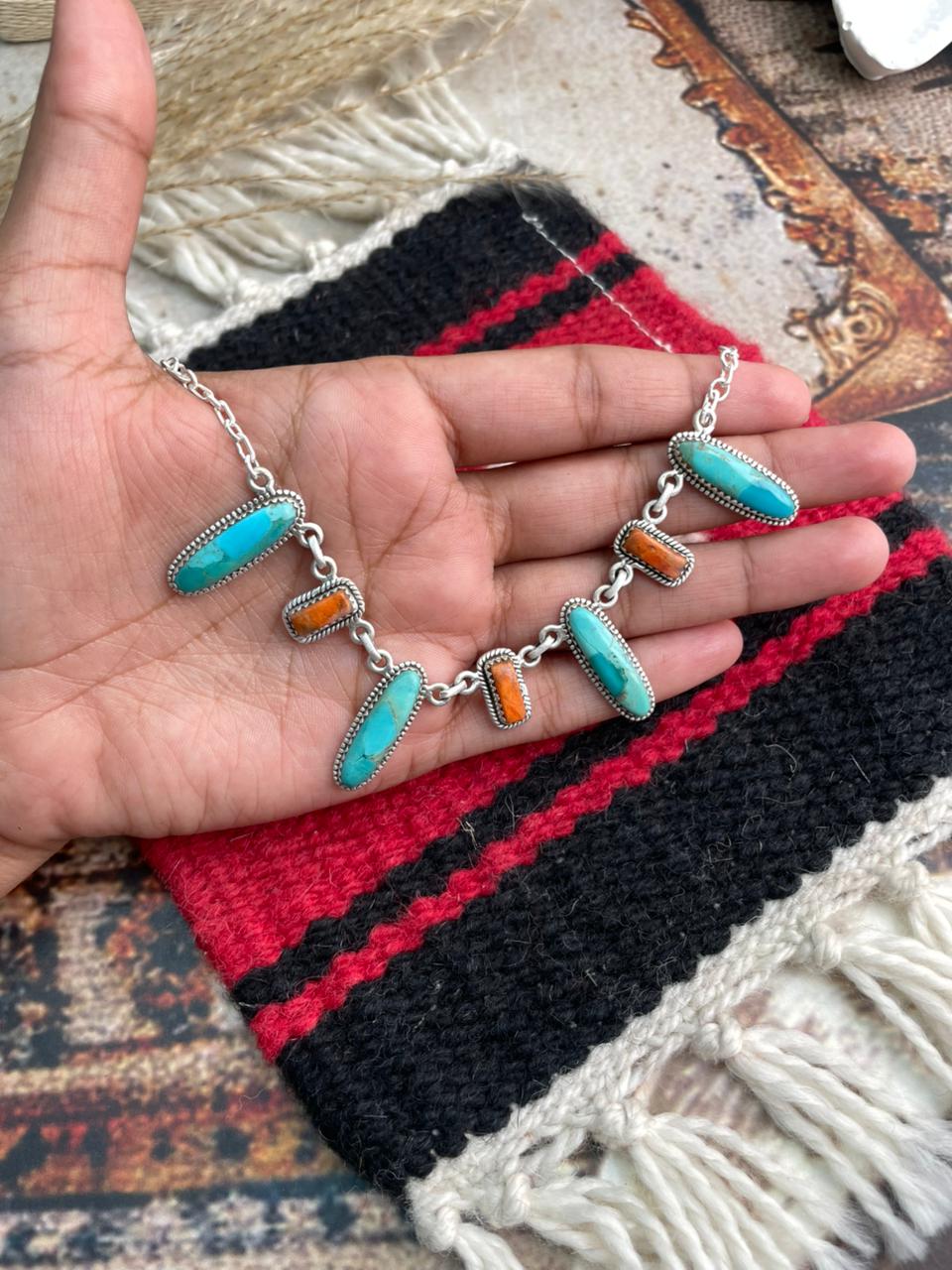 Handmade Sterling Silver Kingman with Orange Mojave Necklace "Signed Nizhoni"