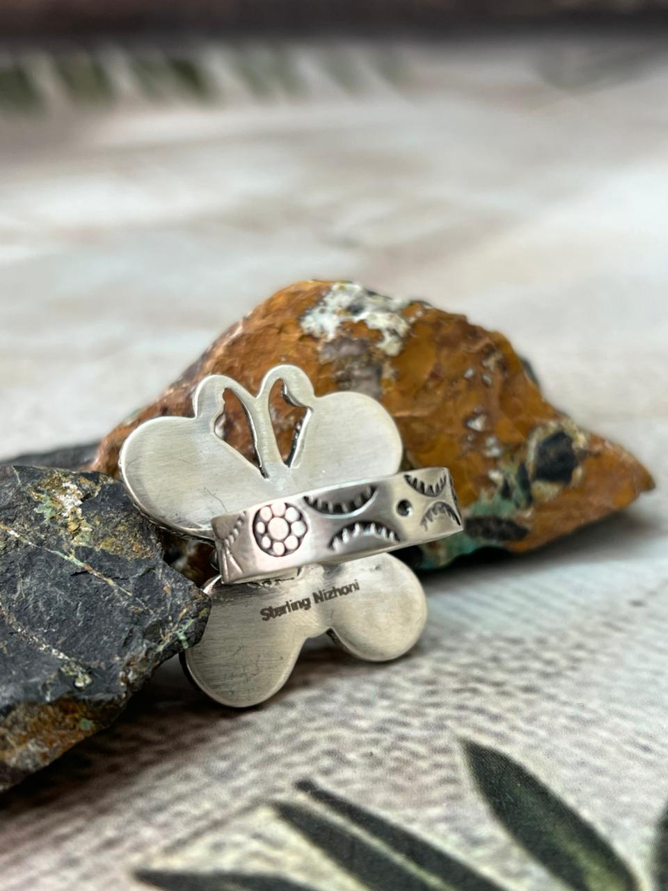 Handmade Sterling Silver Blackjack Turquoise Butterfly Adjustable Ring " Signed Nizhoni"