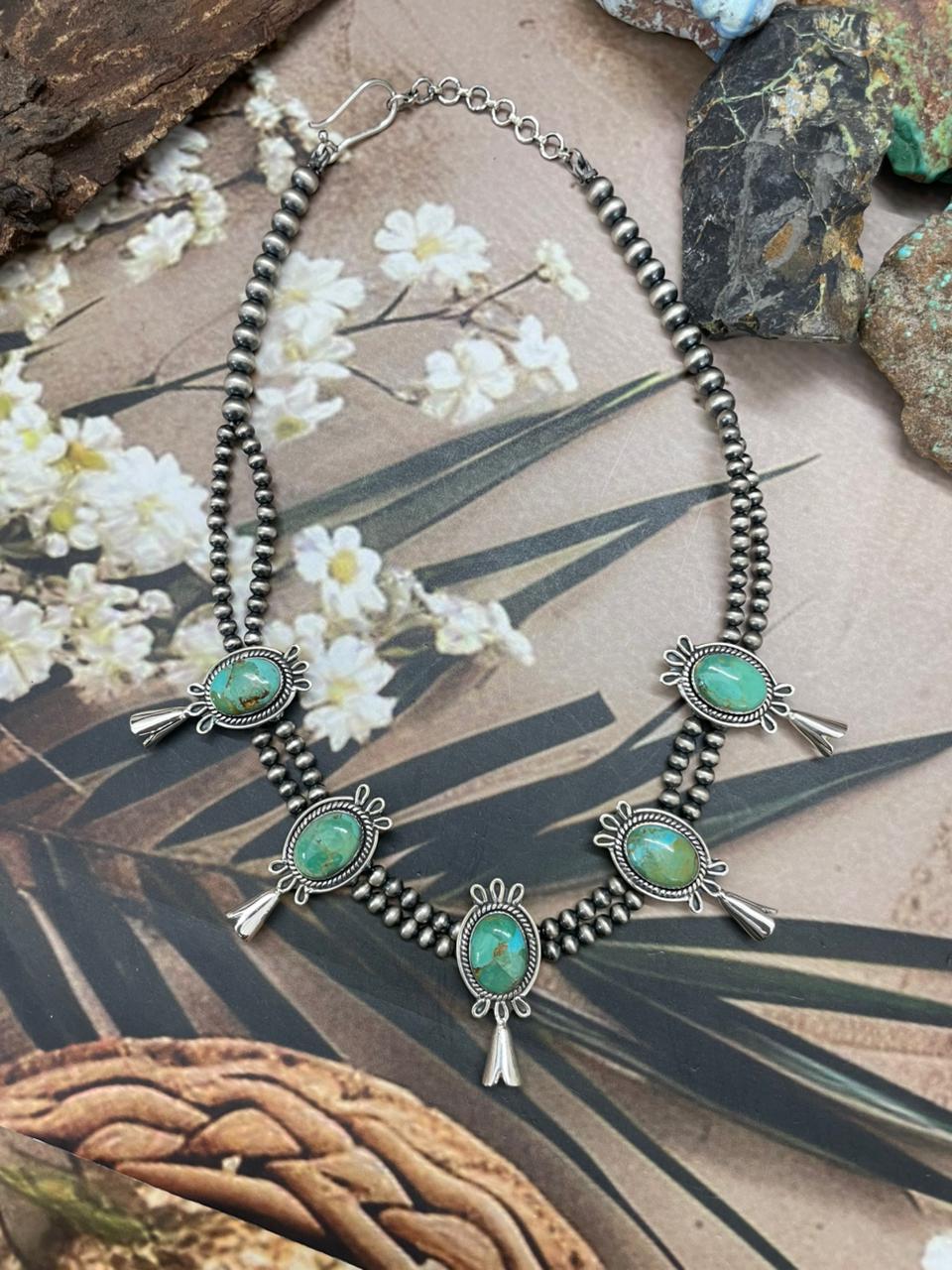 Handmade Sterling Silver Kingman Turquoise Beaded Blossom Necklace "Signed Nizhoni"