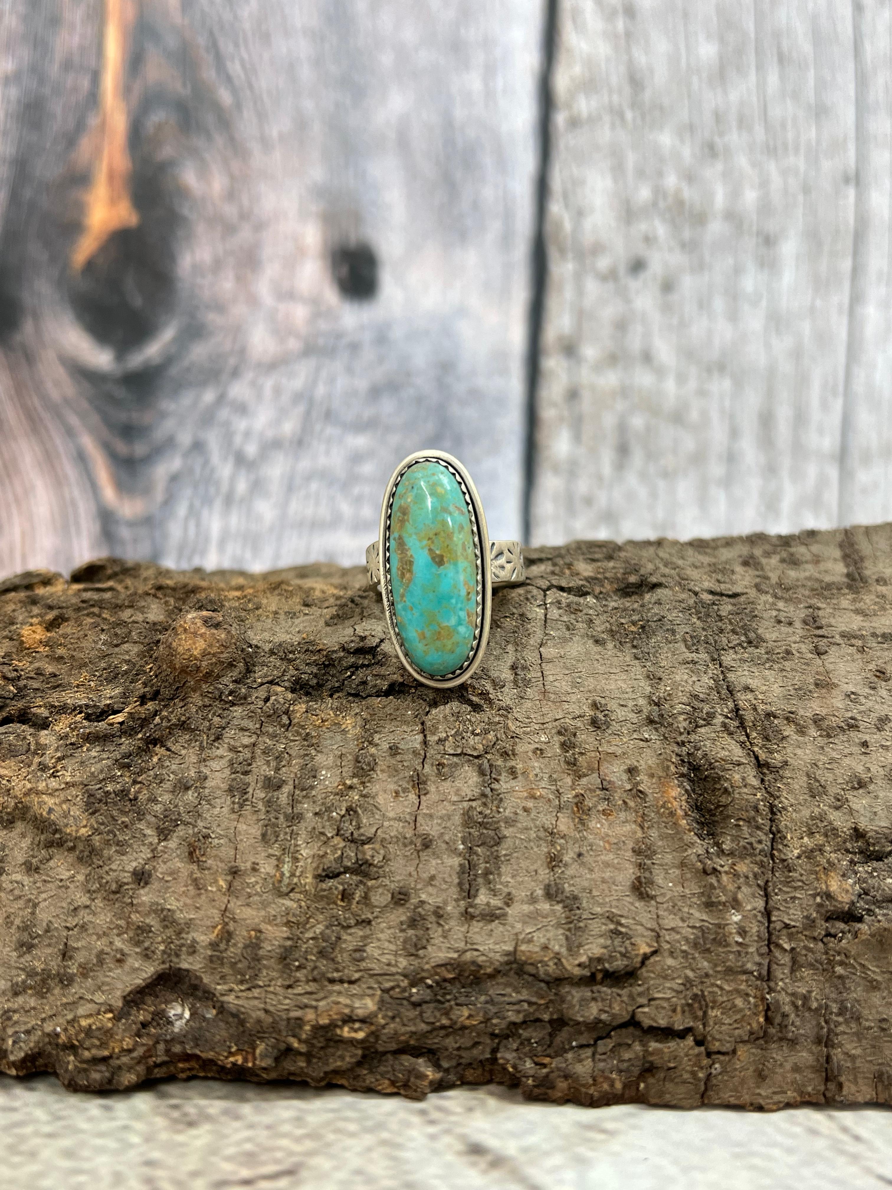 Handmade Sterling Silver Royston Turquoise Adjustable Ring with Signed Nizhoni