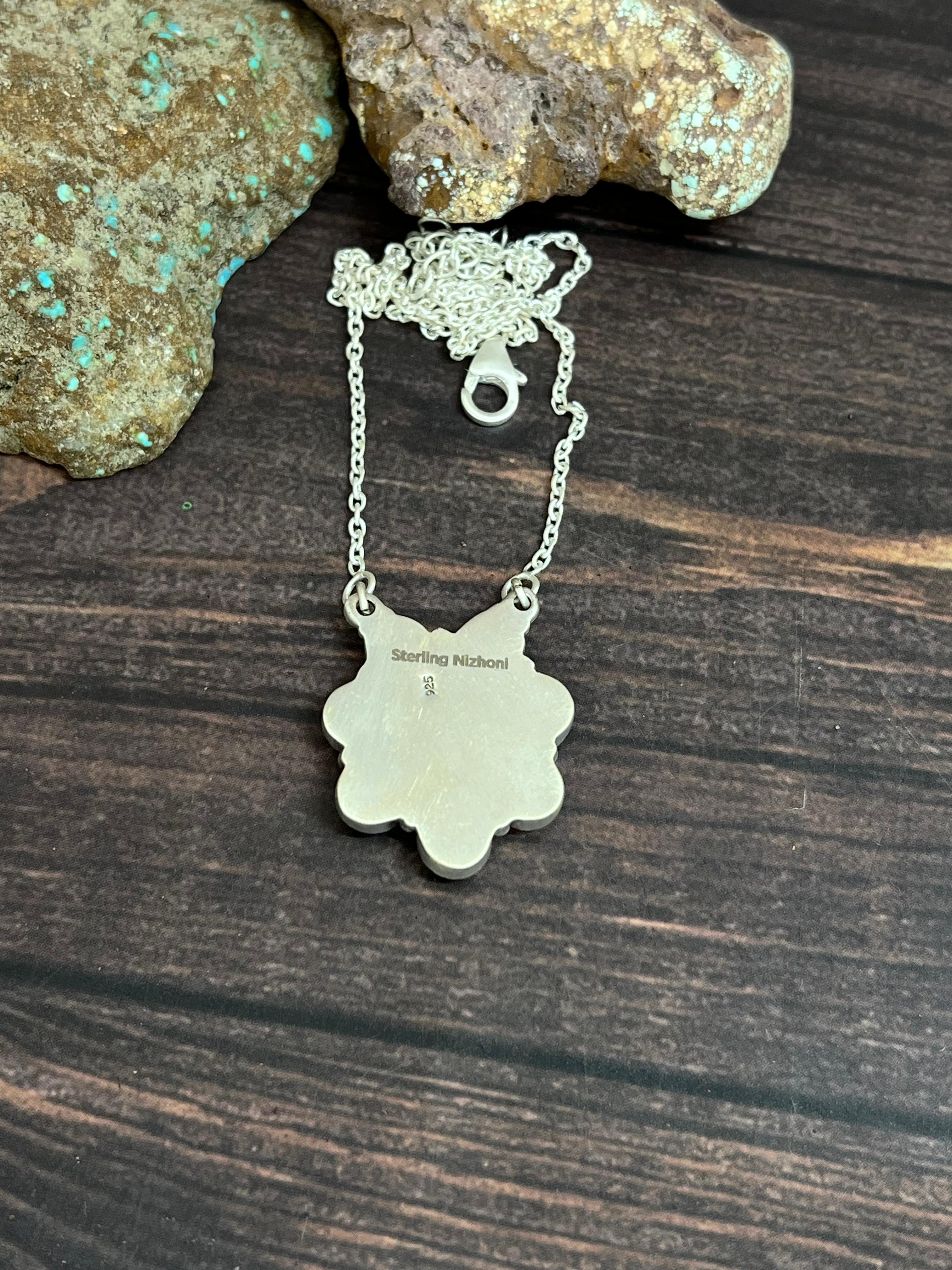 Handmade Sterling Silver Kingman Turquoise Necklace with Signed Nizhoni