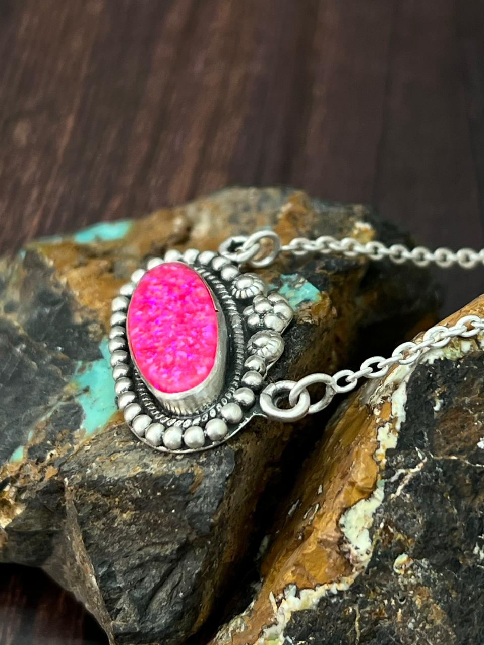 Handmade Sterling Silver Hot Pink Necklace "Signed Nizhoni"
