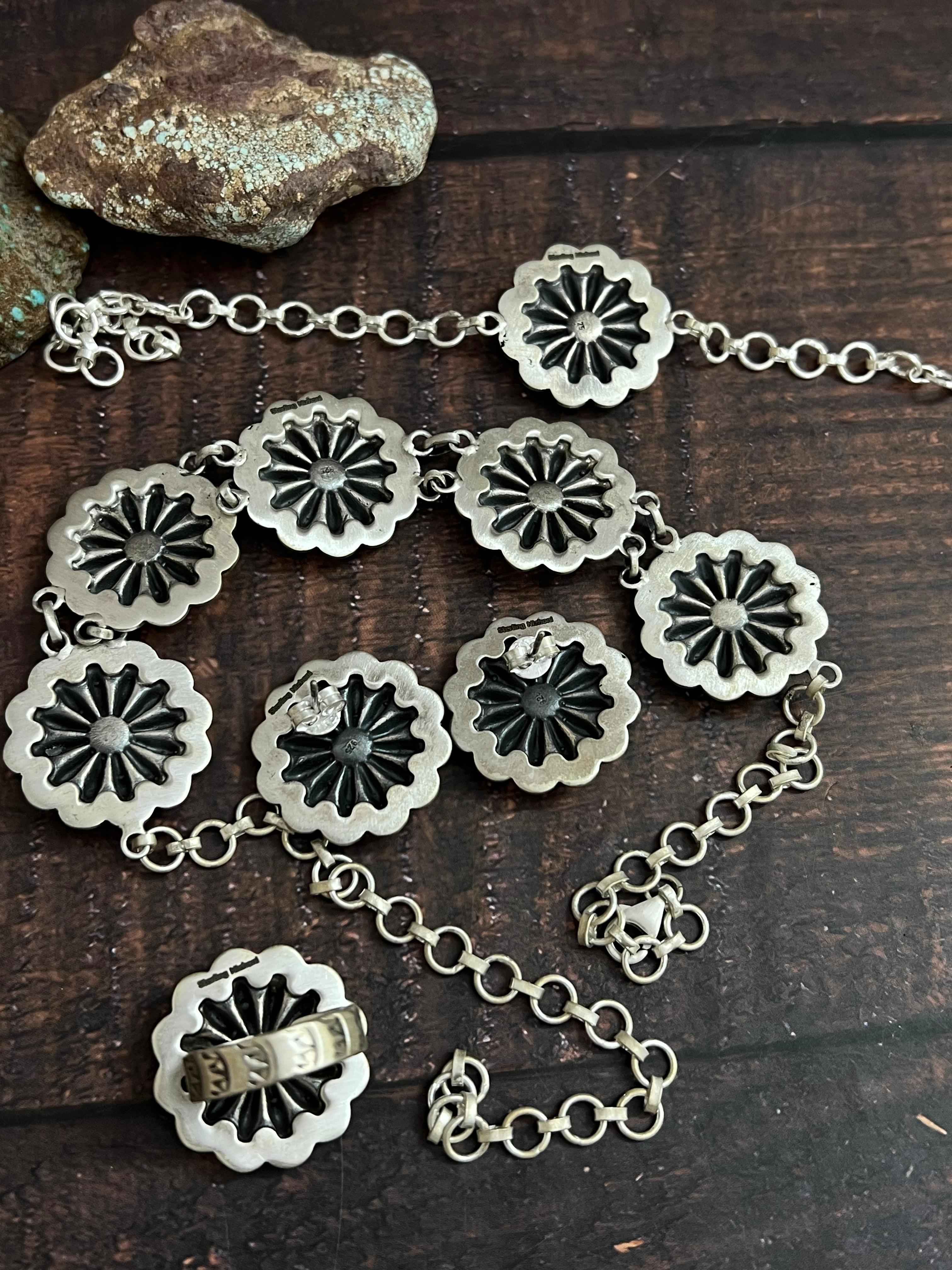 Handmade Sterling Silver Necklace Earrings Ring Bracelet Set, Signed Nizhoni