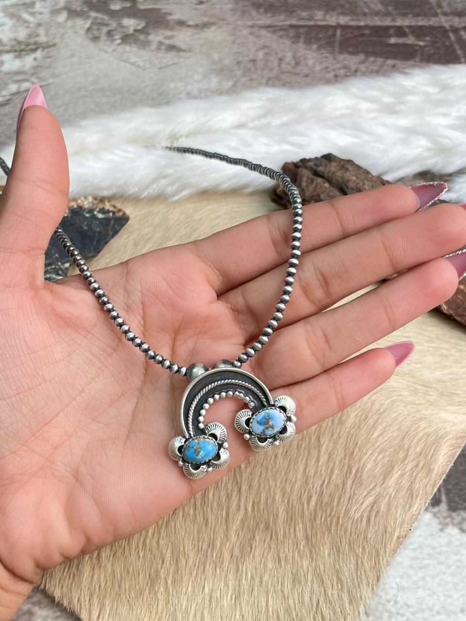 Handmade Sterling Silver Golden Hills Turquoise Beaded Necklace "Signed Nizhoni"