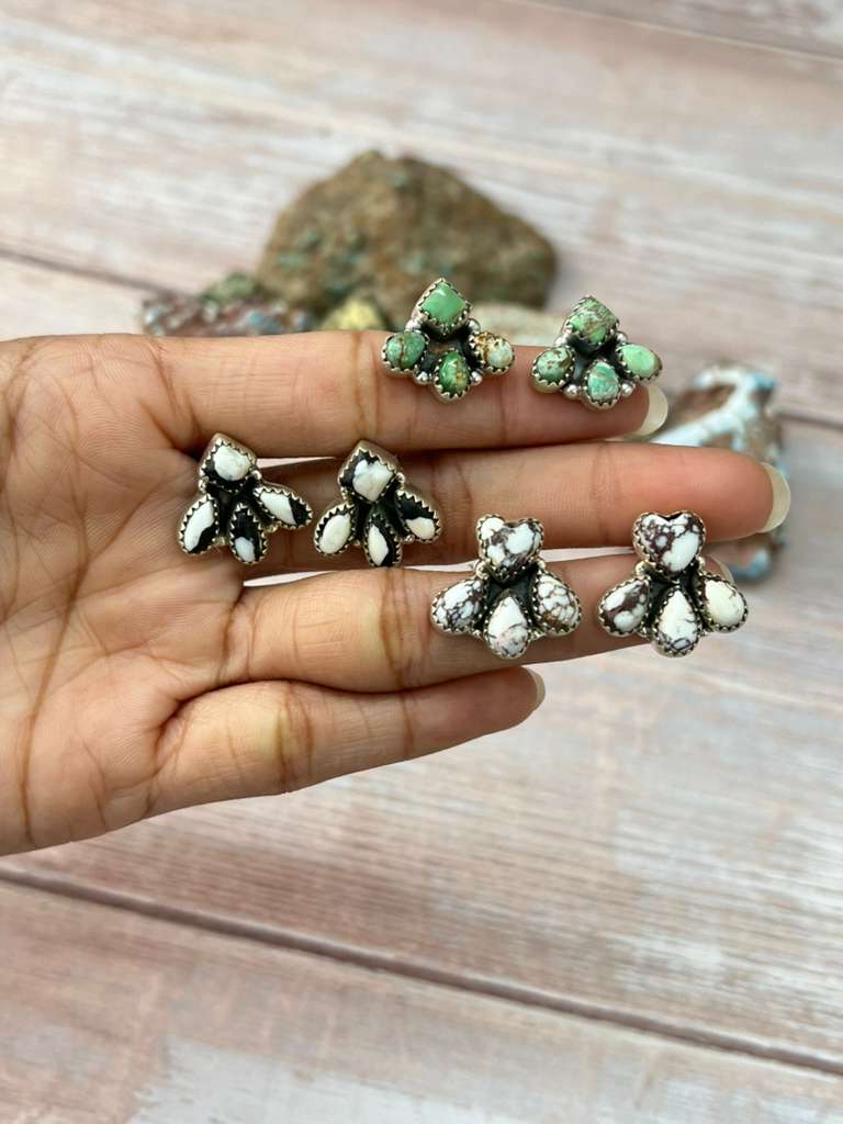 Handmade Sterling Silver Multi Stones Post Studs "Signed Nizhoni"