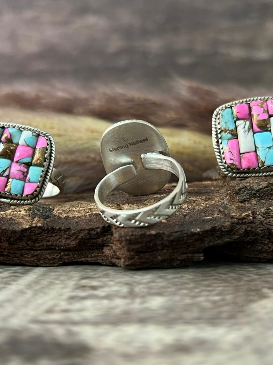 Handmade Sterling Silver 'Cotton Candy Cobble Collection' Adjustable Ring "Signed Nizhoni"