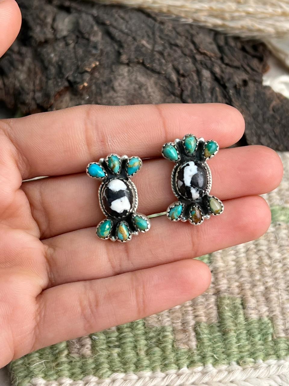 Handmade Sterling Silver White Buffalo with Kingman Turquoise Post Studs Earrings "Signed Nizhoni"