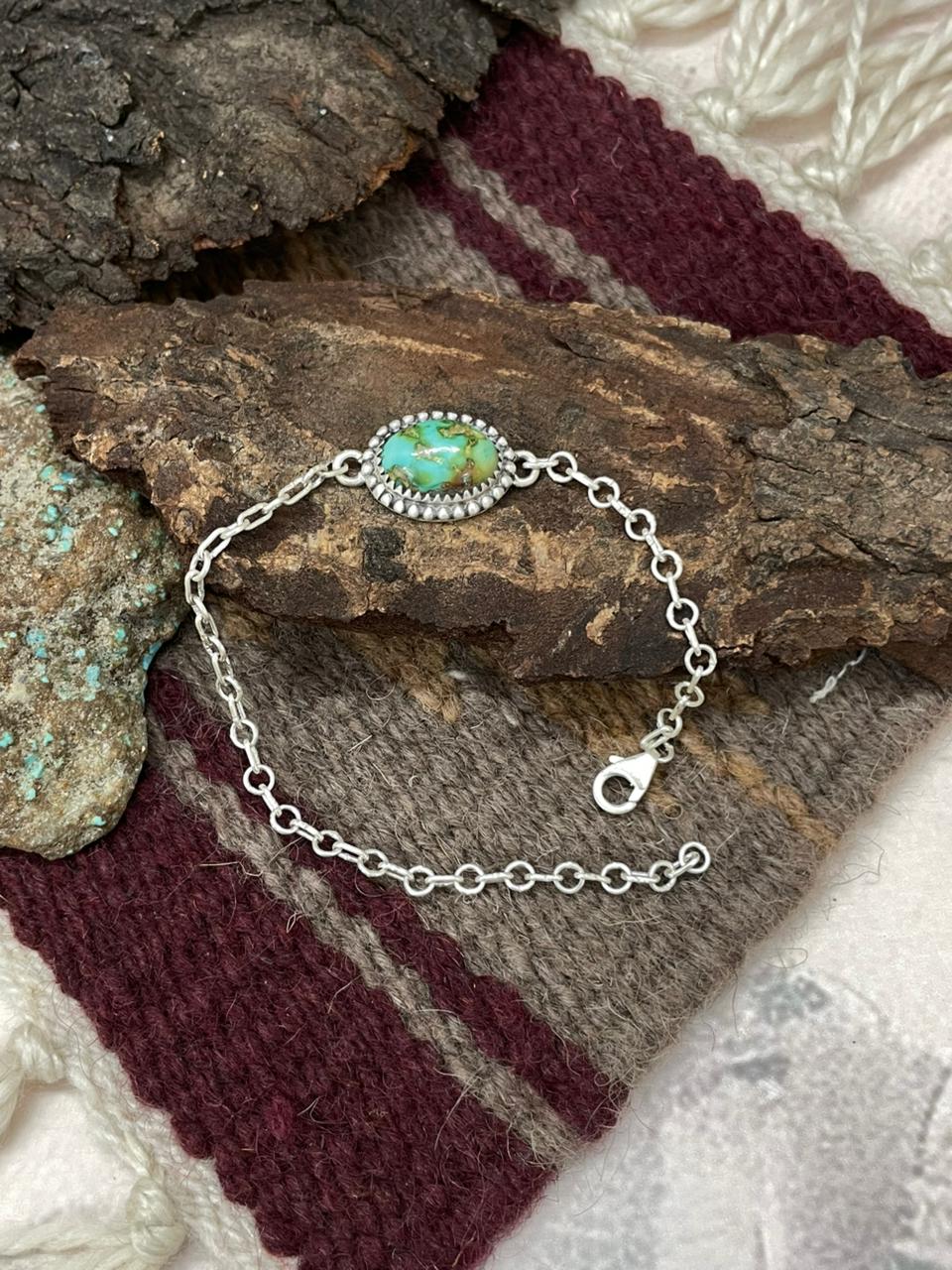 Handmade Sterling Silver Sonoran Mountain Turquoise Chain Bracelet "Signed Nizhoni"