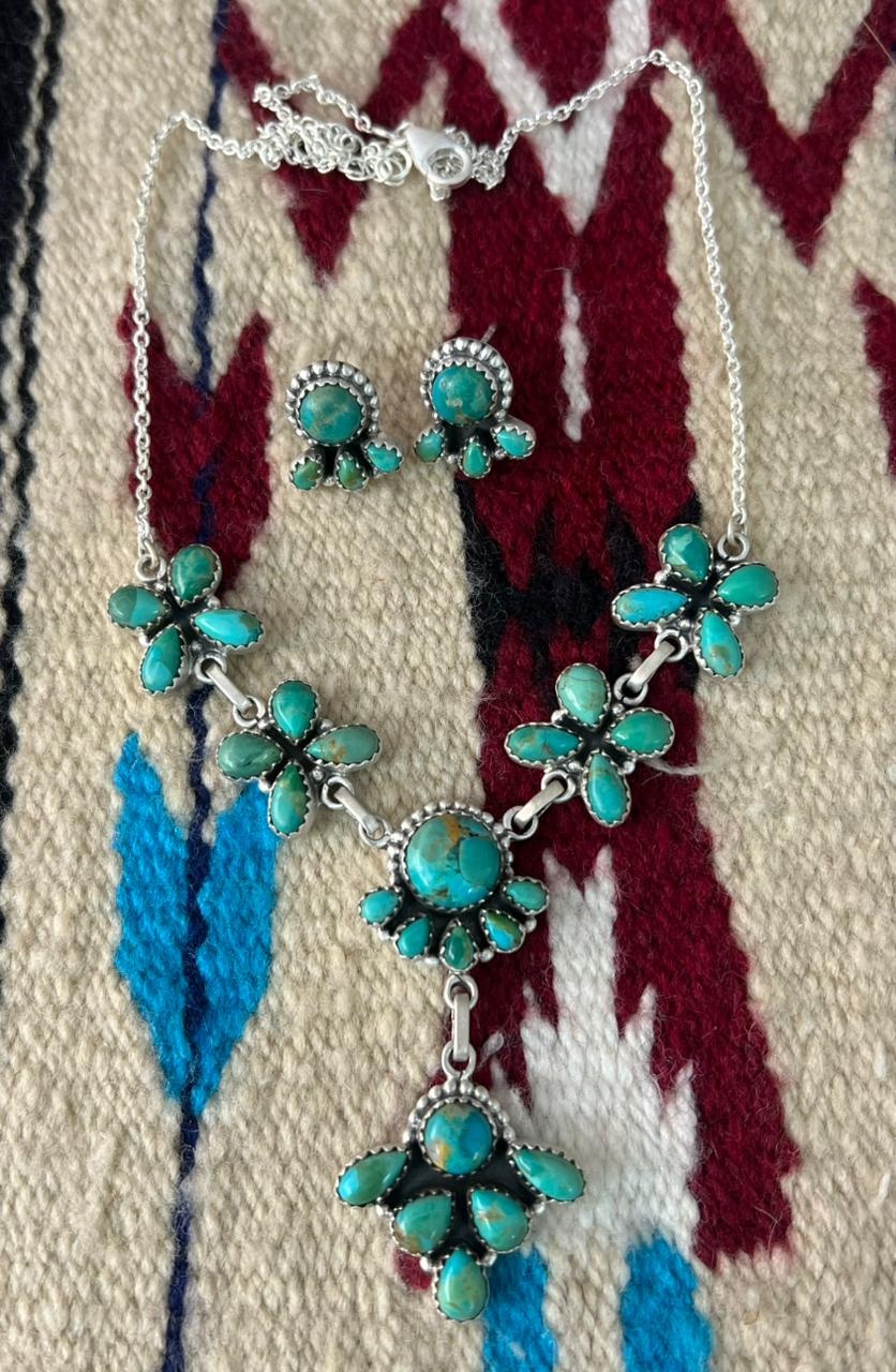 Handmade Sterling Silver Kingman Turquoise Necklace Earrings Set "Signed Nizhoni"