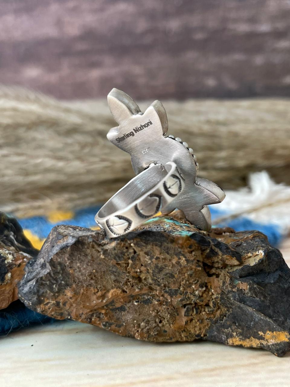 Handmade Sterling Silver White Water with White Buffalo Adjustable Ring "Signed Nizhoni"