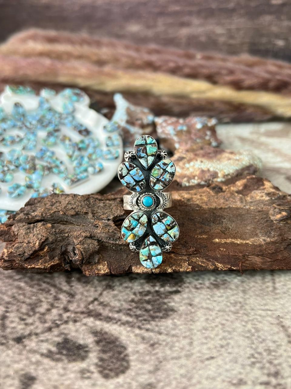 Handmade Sterling Silver 'Golden Hills Turquoise Cobble Collection' Adjustable Ring "Signed Nizhoni"