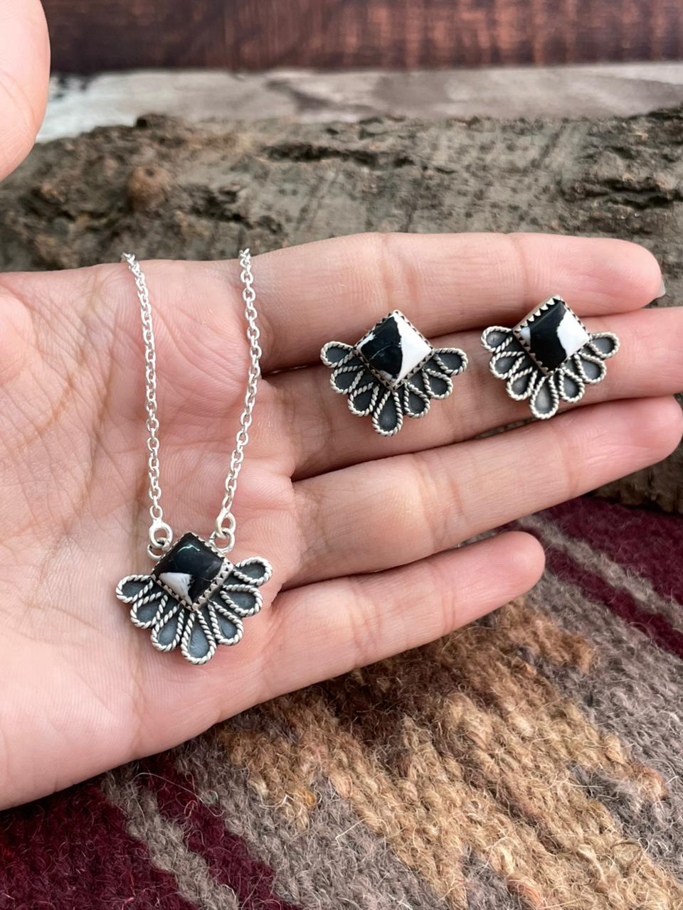 Handmade Sterling Silver White Buffalo Necklace Earrings Set "Signed Nizhoni"