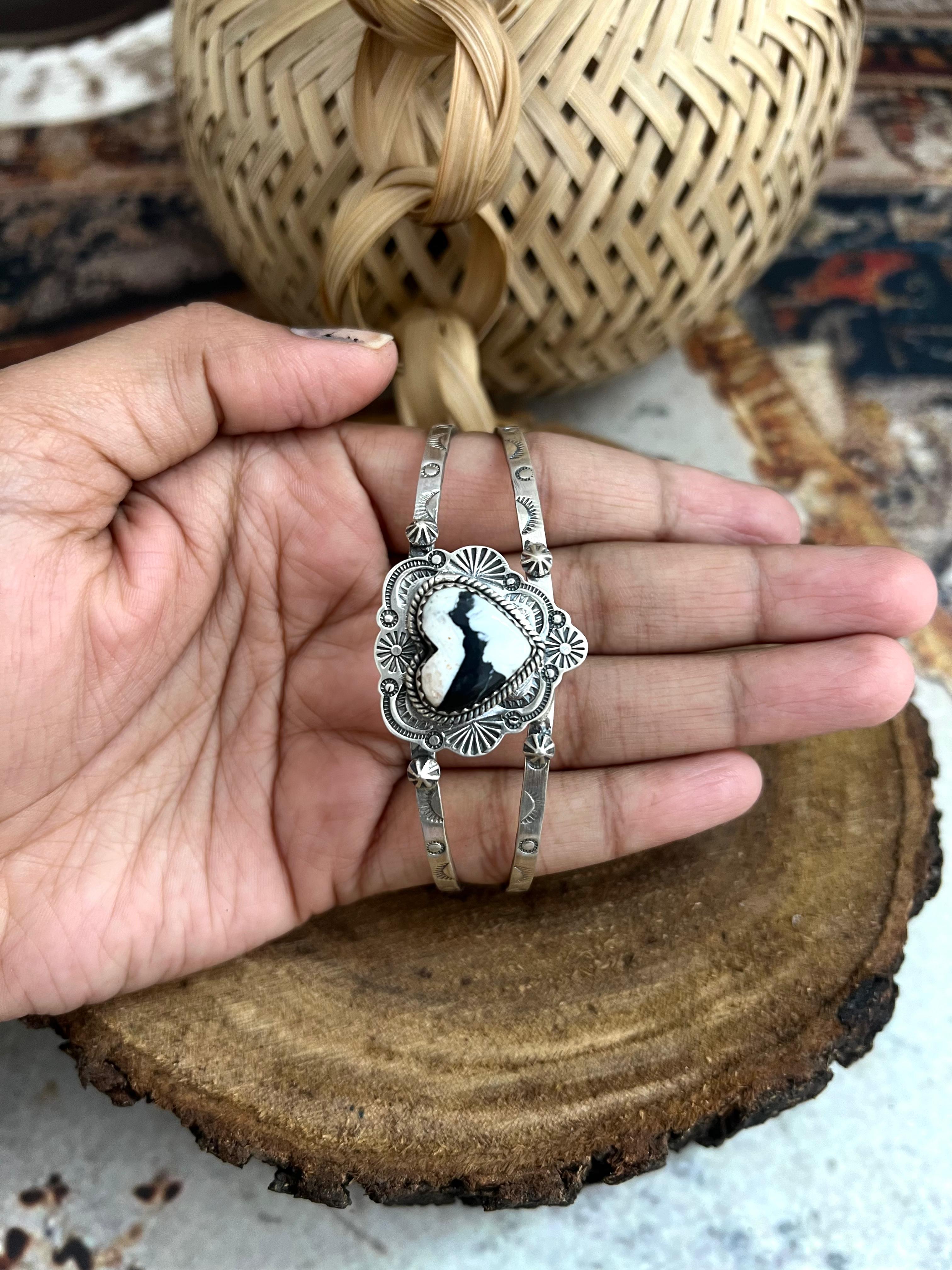 Handmade Sterling Silver White Buffalo Heart Bracelet with Signed Nizhoni