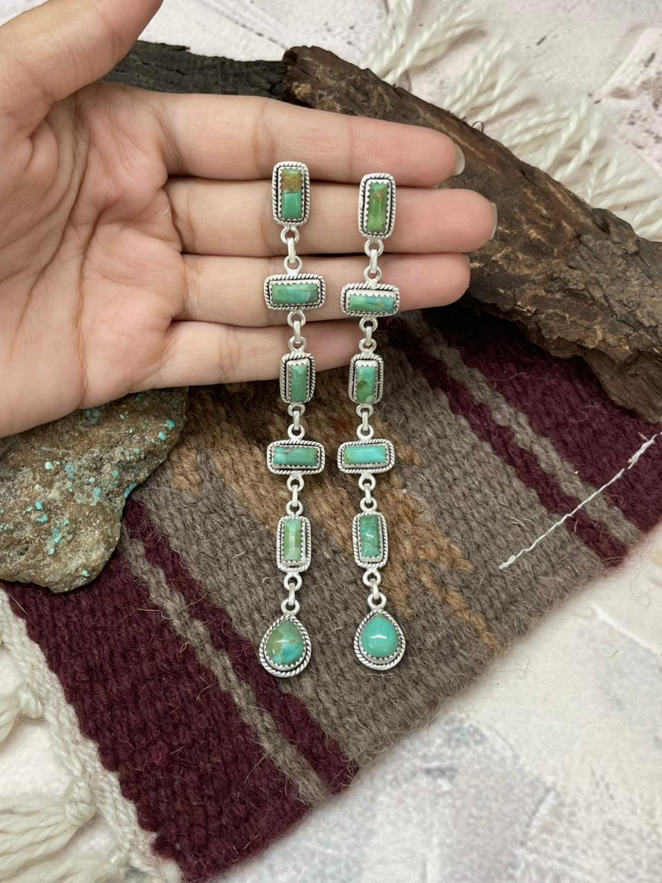 Handmade Sterling Silver Kingman Turquoise Post Dangle Earrings "Signed Nizhoni"