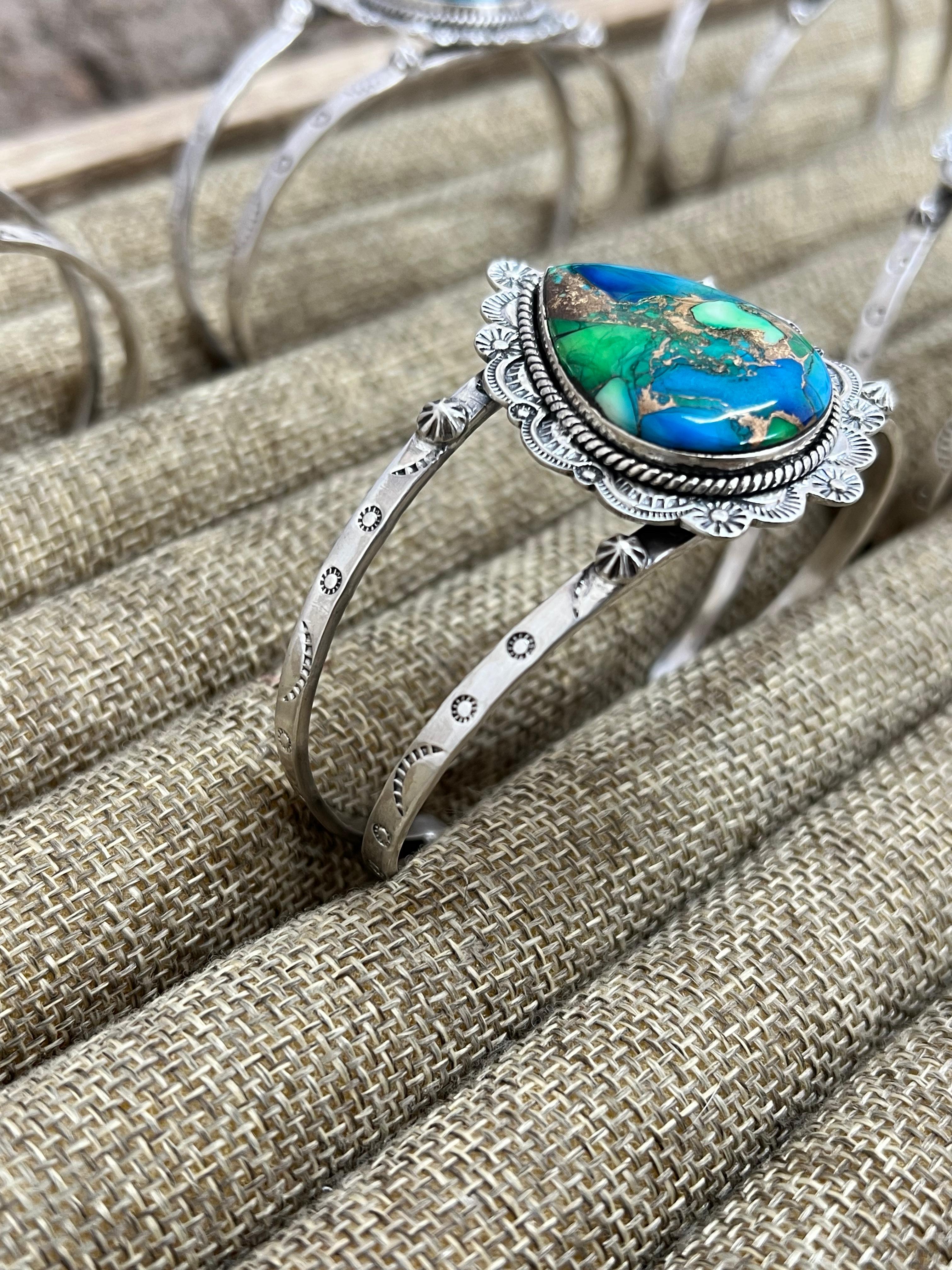 Handmade Sterling Silver Peacock Dahlia Cuff Bracelet with Signed Nizhoni