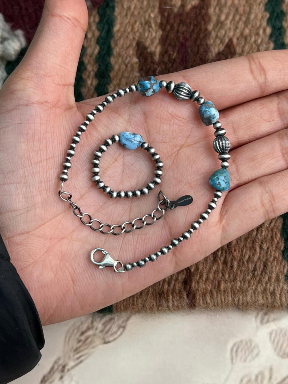 Handmade Sterling Silver Beaded Golden Hills Turquoise Bracelet and Ring Set