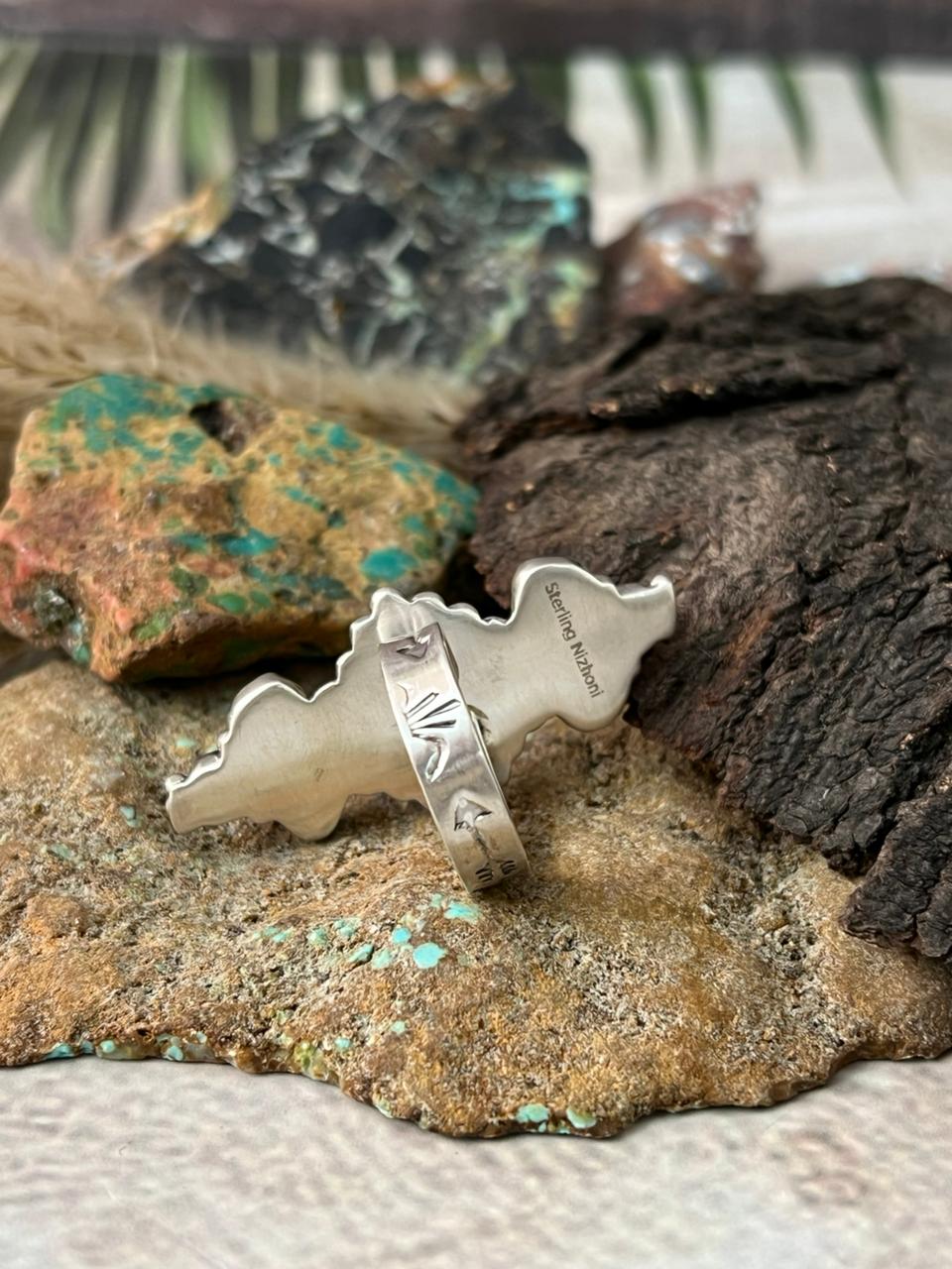 Handmade Sterling Silver Cotton Candy with Wild horse Magnesite Adjustable Ring "Signed Nizhoni"