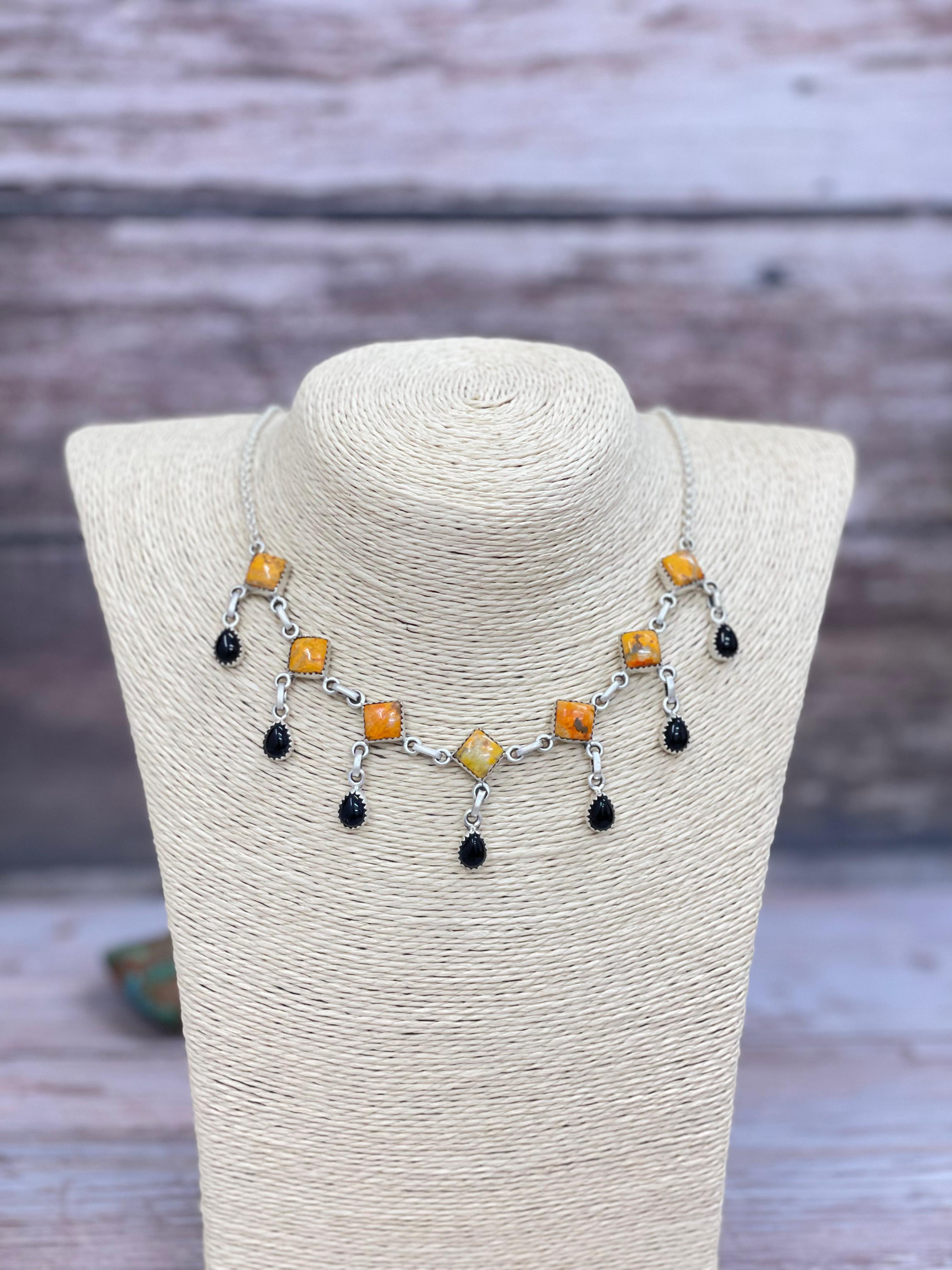 "Halloween Collection" Handmade Sterling Silver Black Onyx, Bumblebee Necklace with Signed Nizhoni