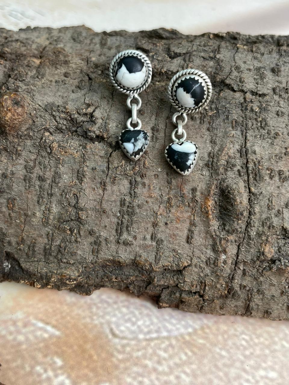 Handmade Sterling Silver White Buffalo Post Dangle Earrings "Signed Nizhoni"