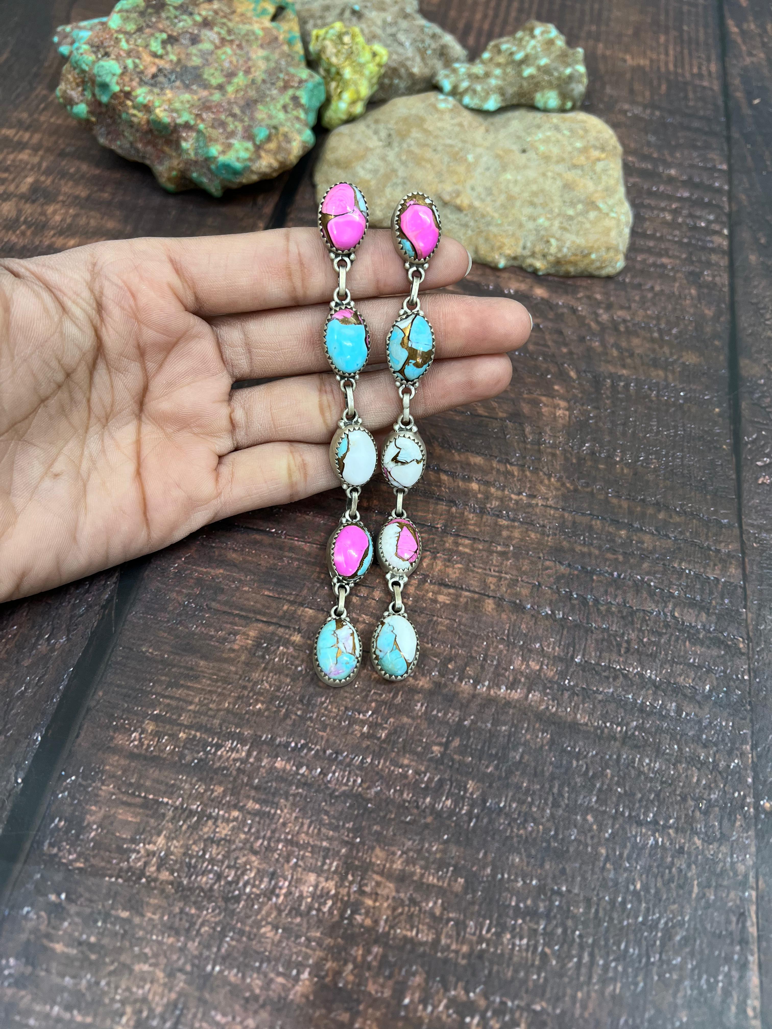 Handmade Sterling Silver Cotton Candy Turquoise Dangle Earrings with Signed Nizhoni